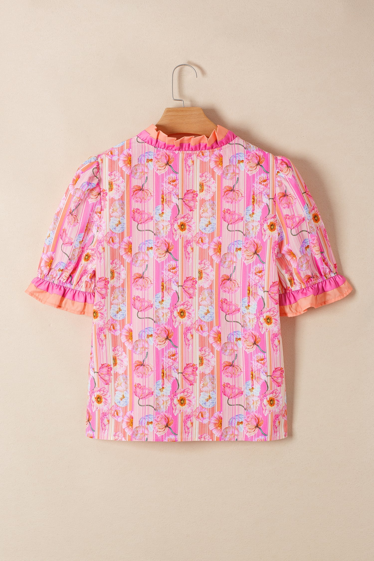 Pink Poppy Flower Striped Print Color Block Trim V Neck Short Sleeve Blouse