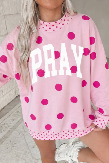 Pink PRAY Graphic Polka Dot Mock Neck Pullover Sweatshirt