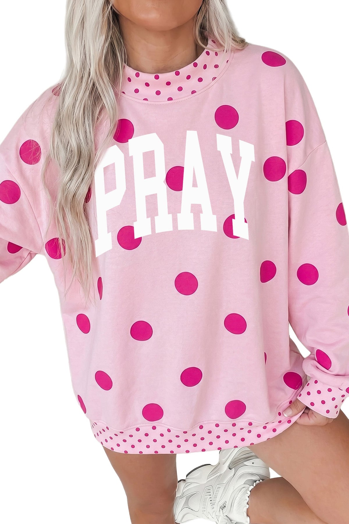 Pink PRAY Graphic Polka Dot Mock Neck Pullover Sweatshirt