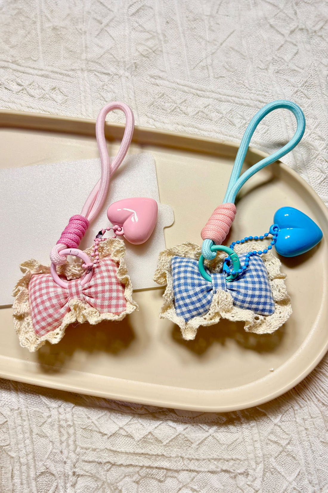 Pink Puffy Heart Crochet Trim Plaid Bow Rope Dangle Keychain Bag Accessory
