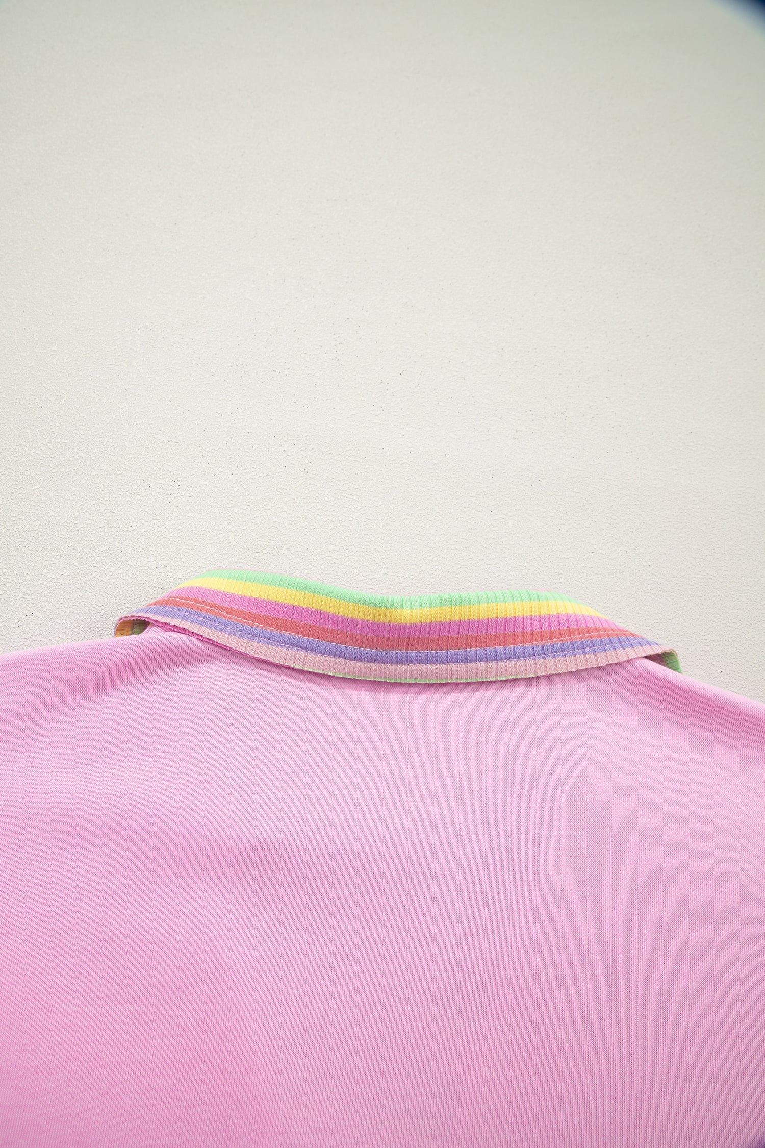 Pink Rainbow Stripe Ribbed Patchwork Raw Seam Oversize Polo Tee