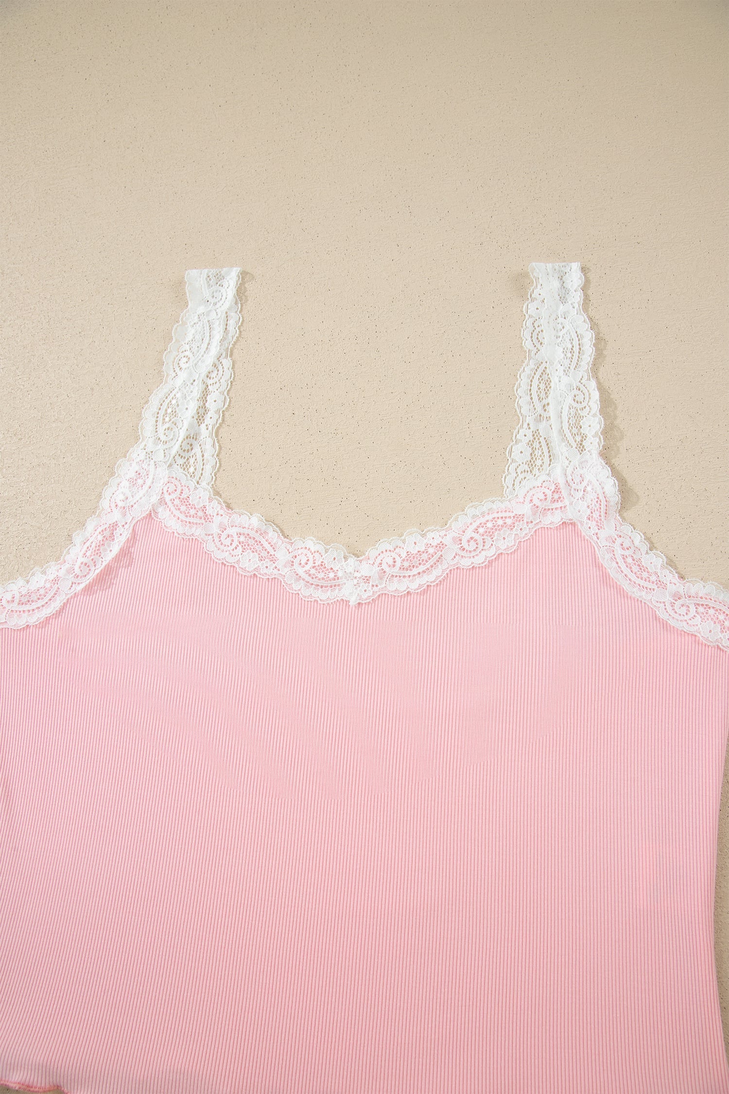 Pink Ribbed Knit Lace Straps Patchwork Lettuce Hem Cropped Top Floral Short Lounge Set