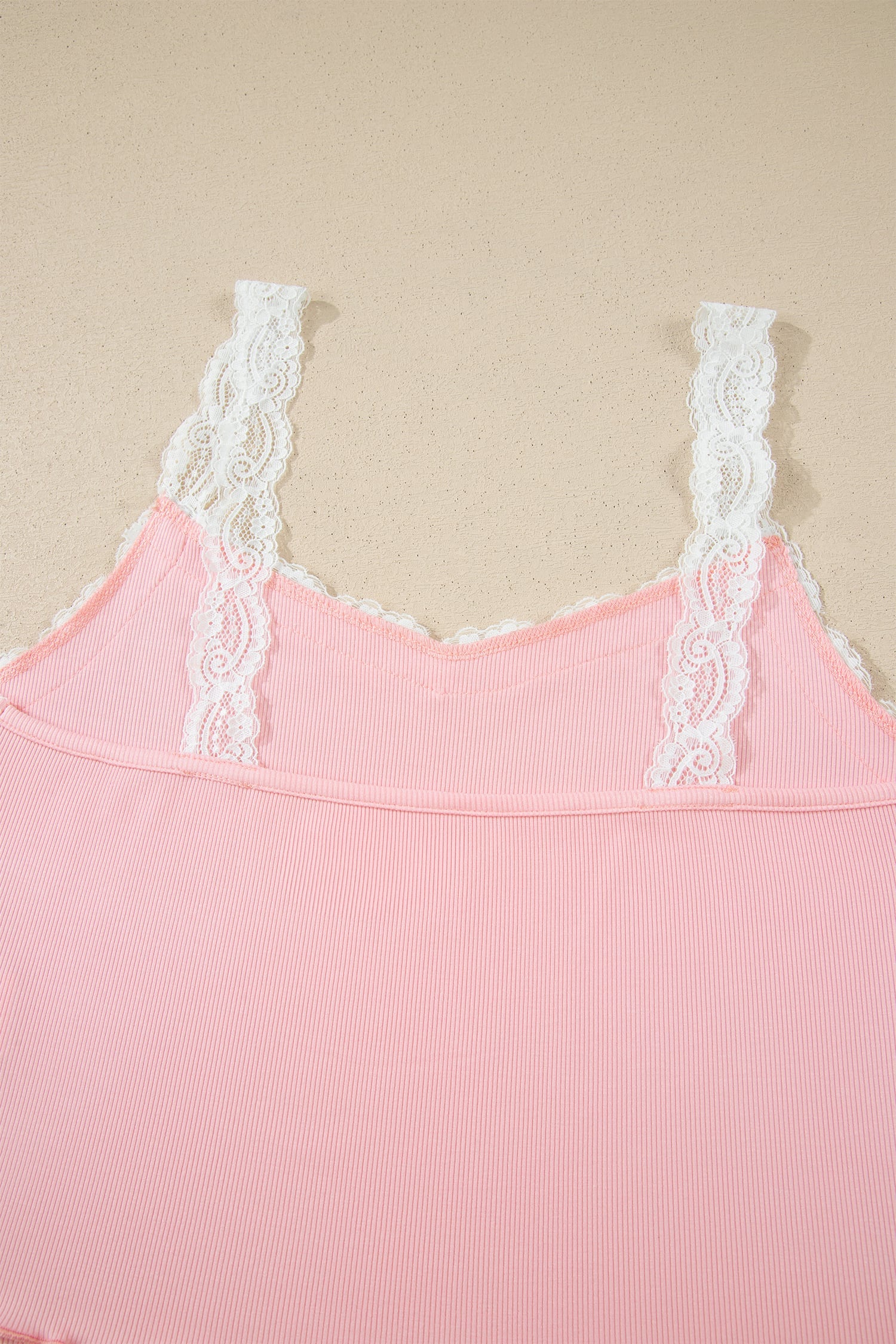 Pink Ribbed Knit Lace Straps Patchwork Lettuce Hem Cropped Top Floral Short Lounge Set