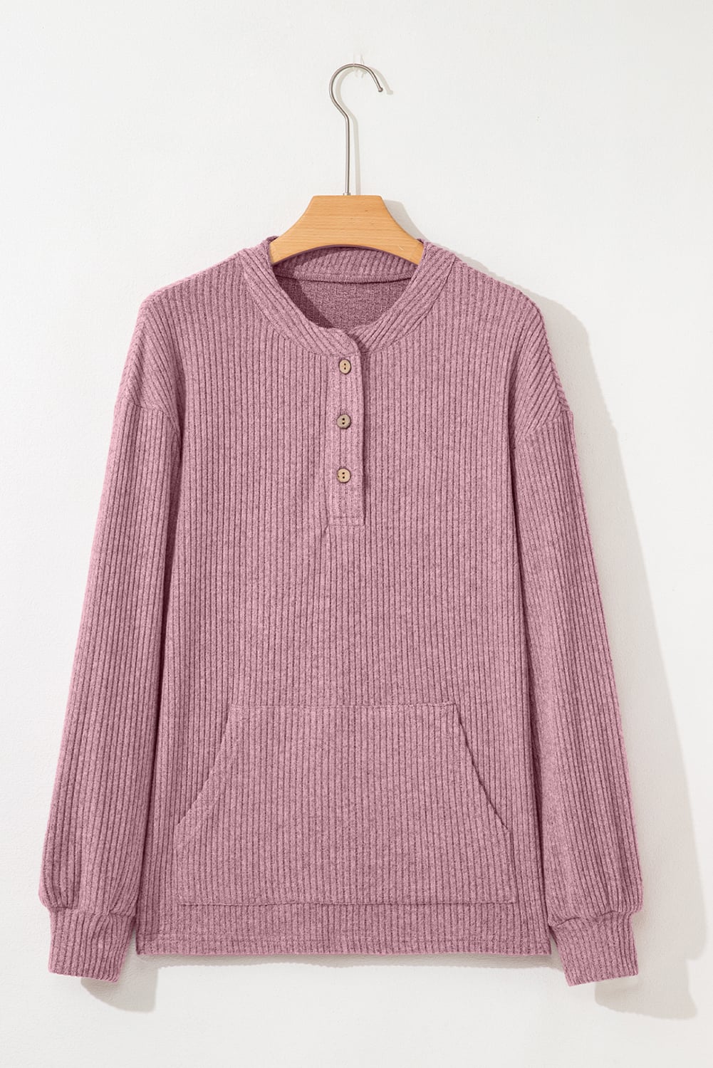 Pink Ribbed Texture Drop Shoulder Henley Knit Top