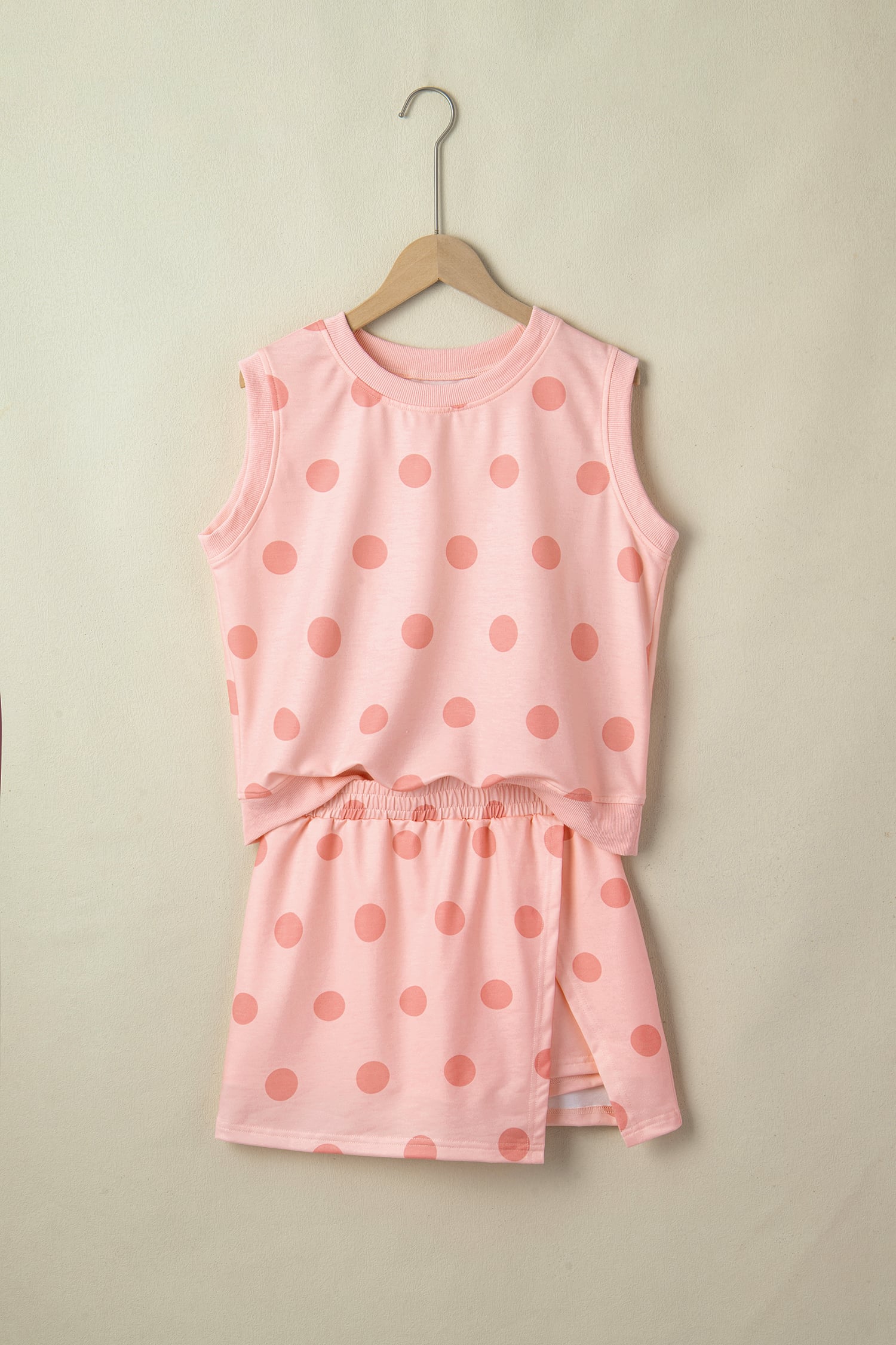 Pink Ribbed Trim Polka Dot Print Tank Split Mini Skort 2pcs Set