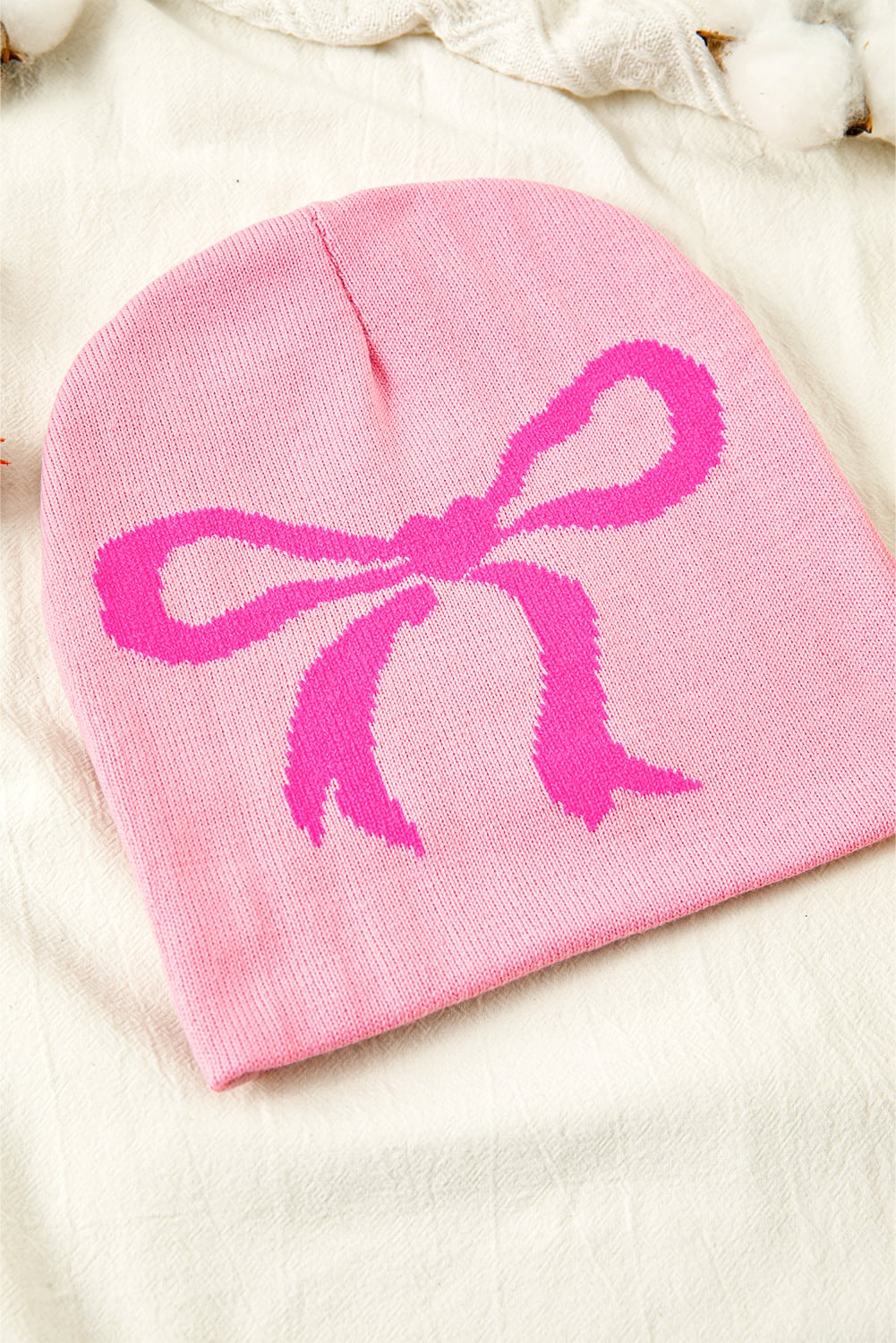 Pink Ribbon Bow Print Soft Knit Beanie