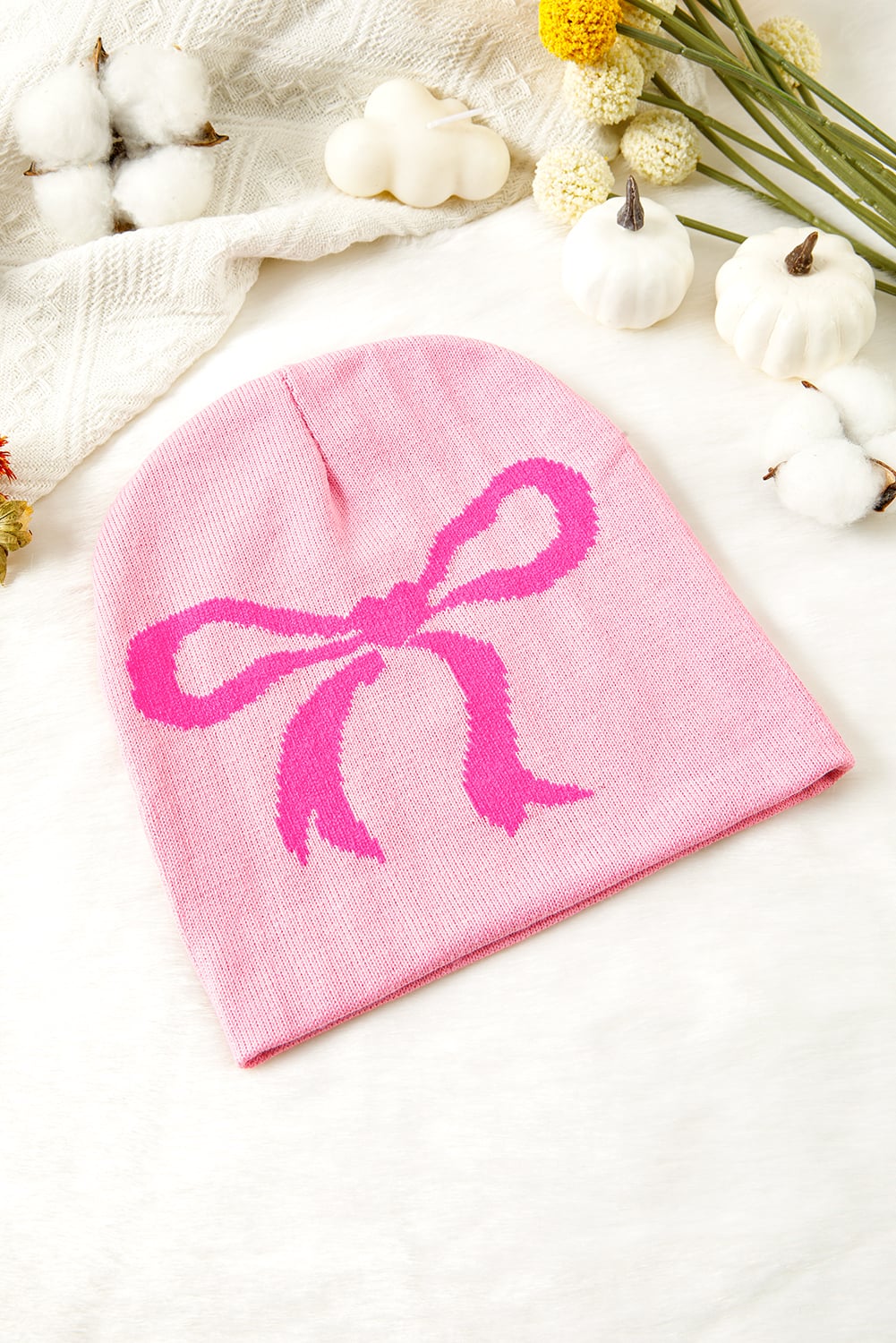 Pink Ribbon Bow Print Soft Knit Beanie