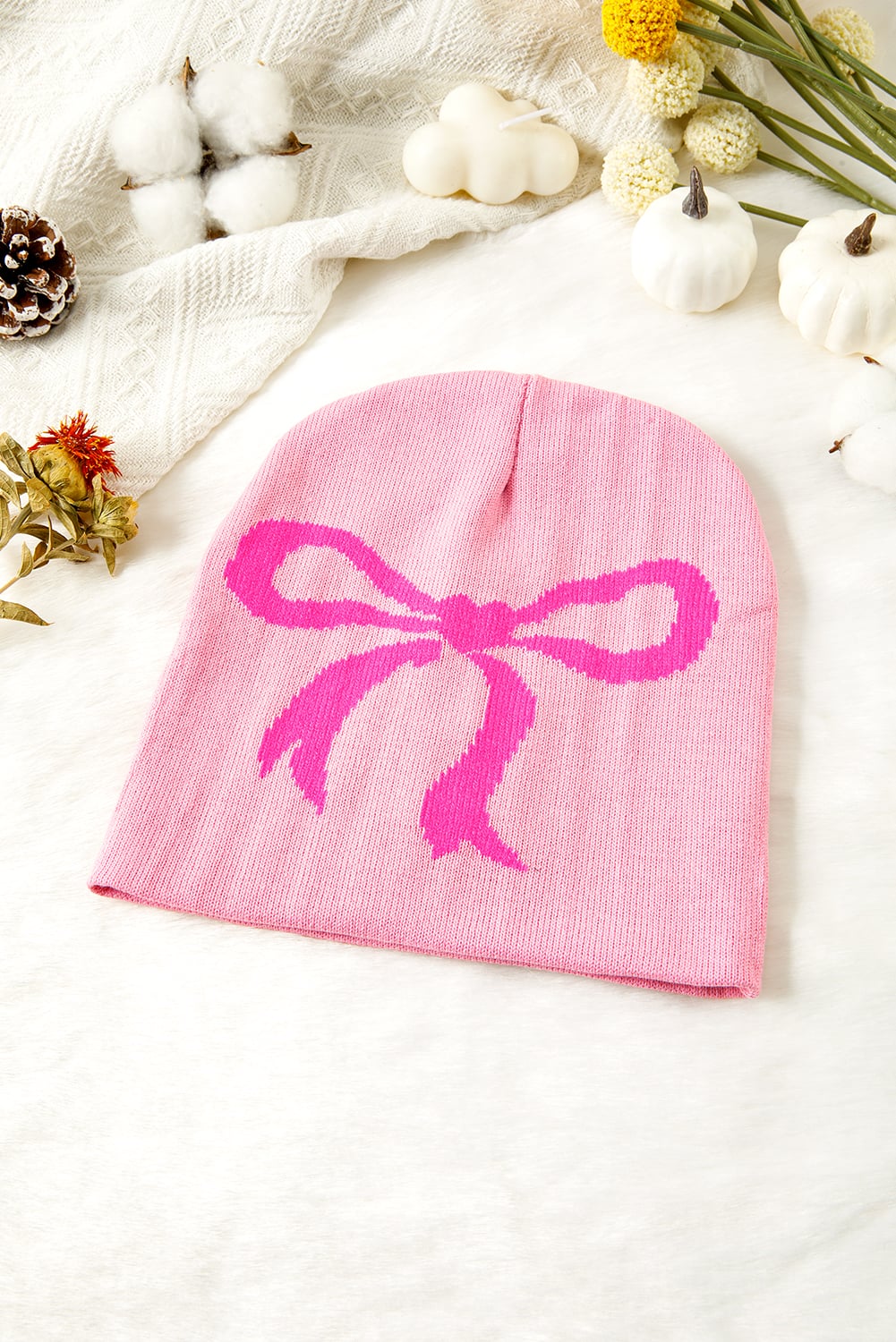 Pink Ribbon Bow Print Soft Knit Beanie