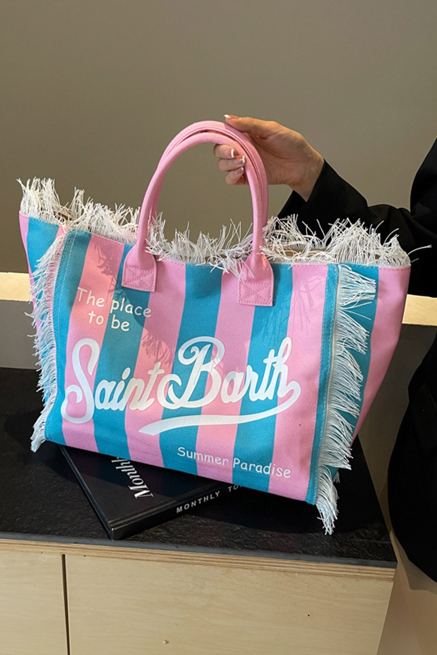 Pink Saint Barth Striped Fringe Detail Canvas Polyester Tote Bag