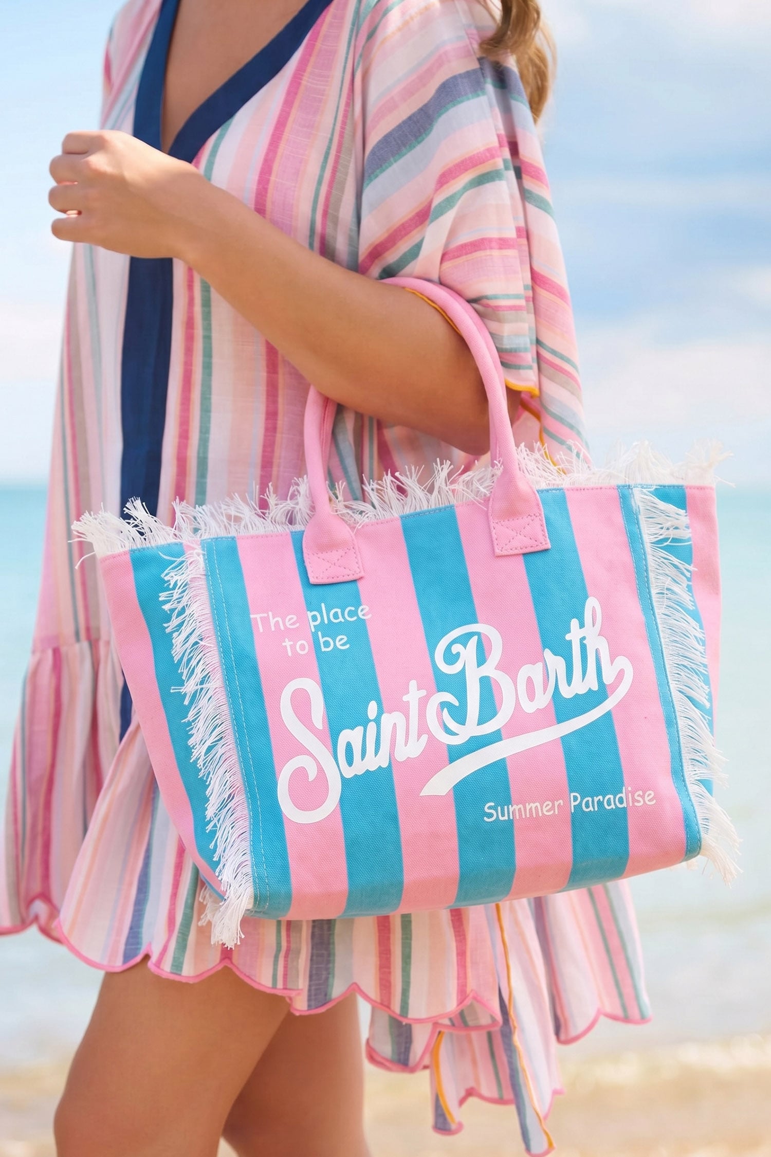 Pink Saint Barth Striped Fringe Detail Canvas Polyester Tote Bag