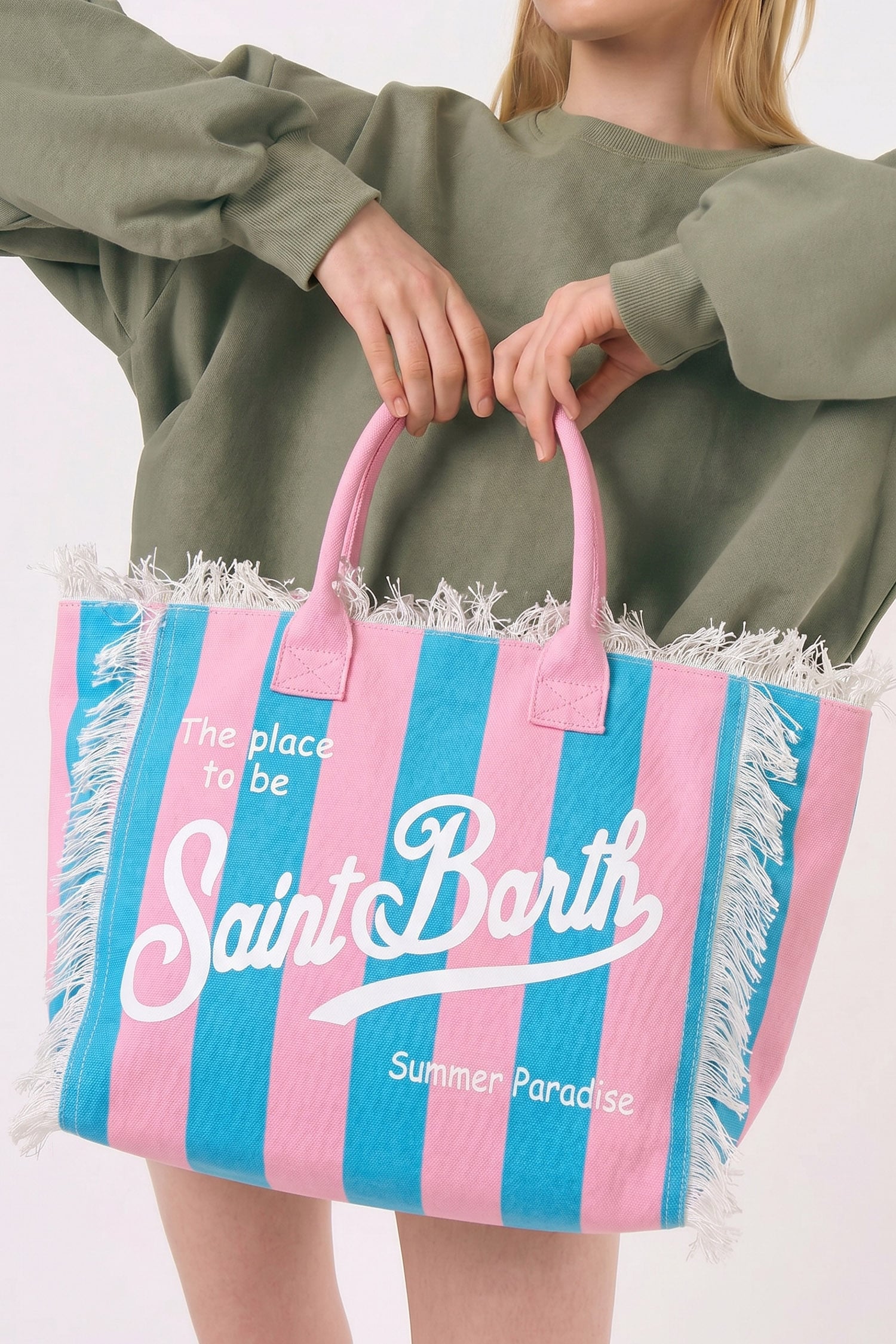 Pink Saint Barth Striped Fringe Detail Canvas Polyester Tote Bag