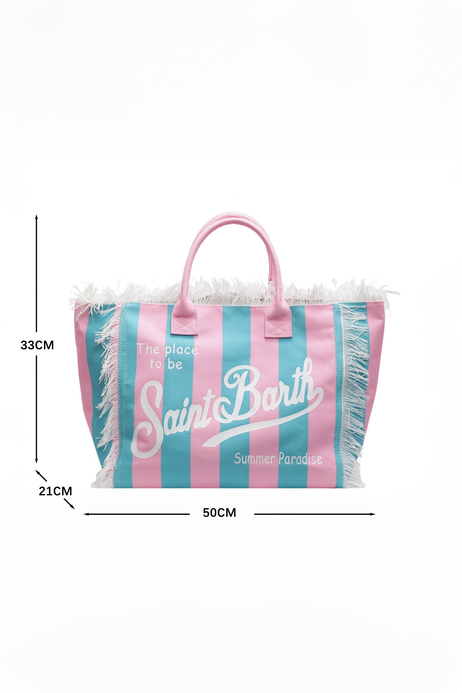 Pink Saint Barth Striped Fringe Detail Canvas Polyester Tote Bag