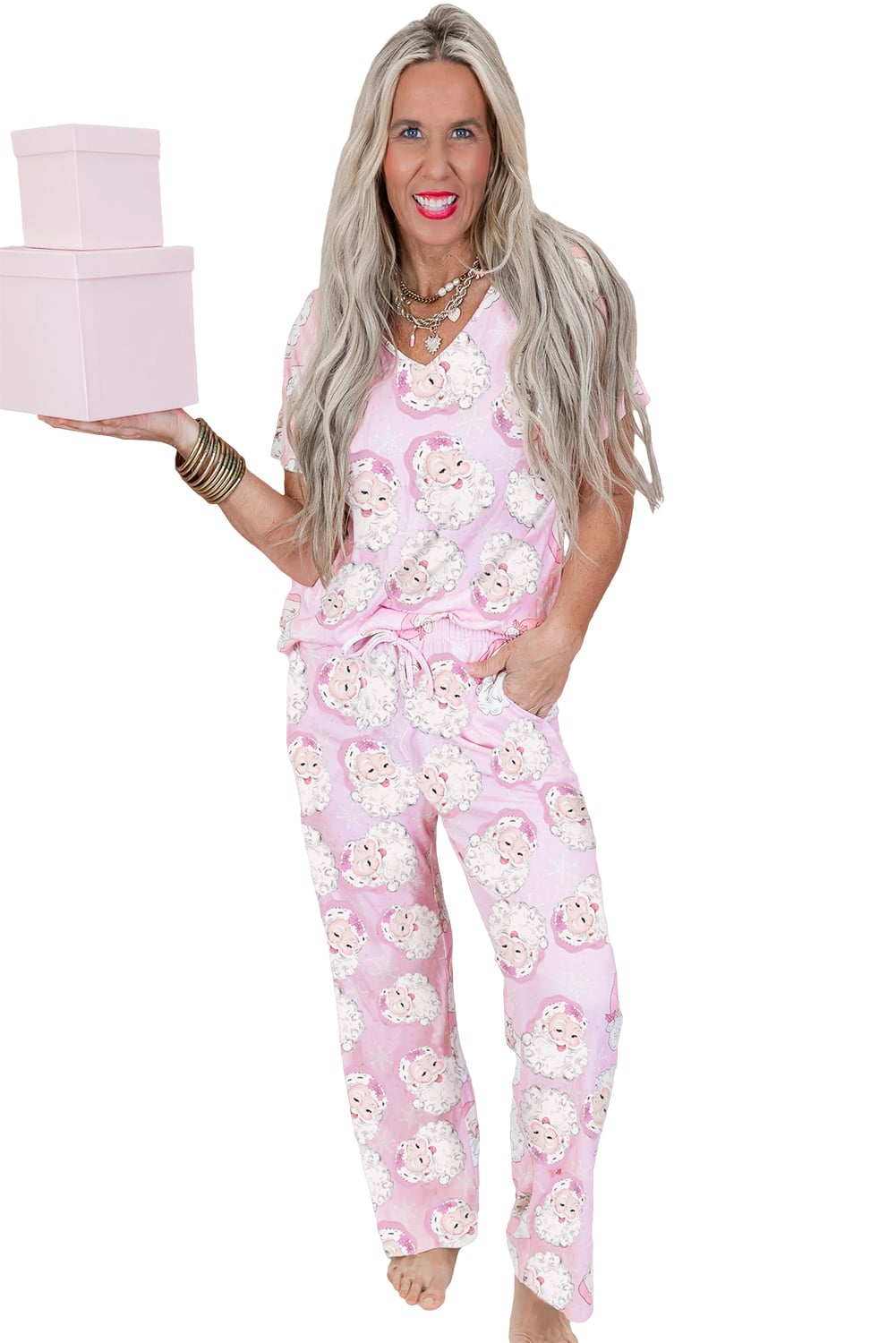 Pink Santa Claus Print V Neck Tee Drawstring Pants 2pcs Lounge Set