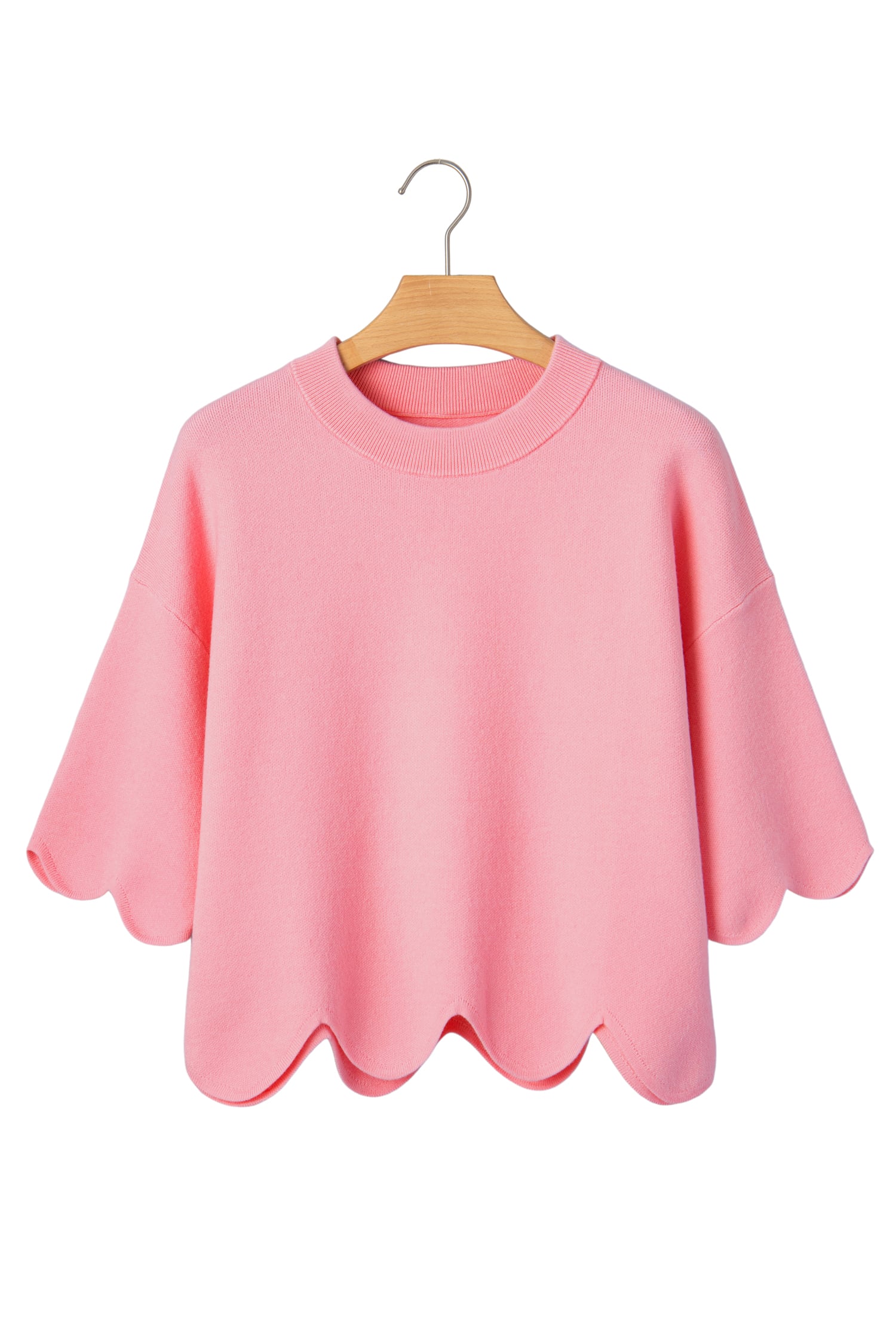 Pink Scalloped Hem 3/4 Sleeve Sweater Top