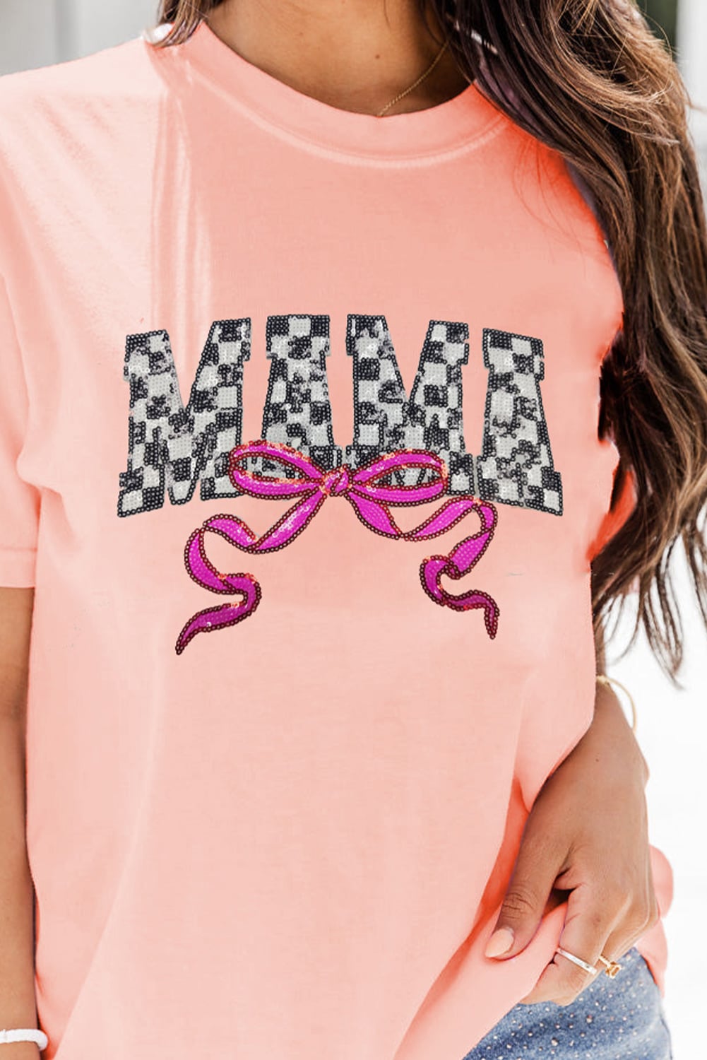 Pink Sequin Checkered MAMA Bow Graphic T Shirt