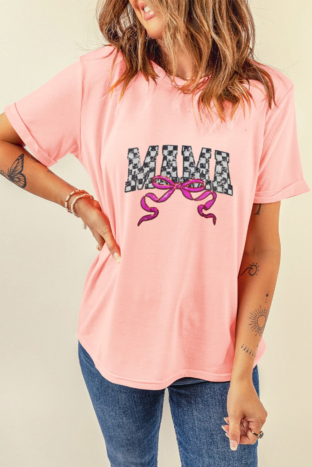 Pink Sequin Checkered MAMA Bow Graphic T Shirt