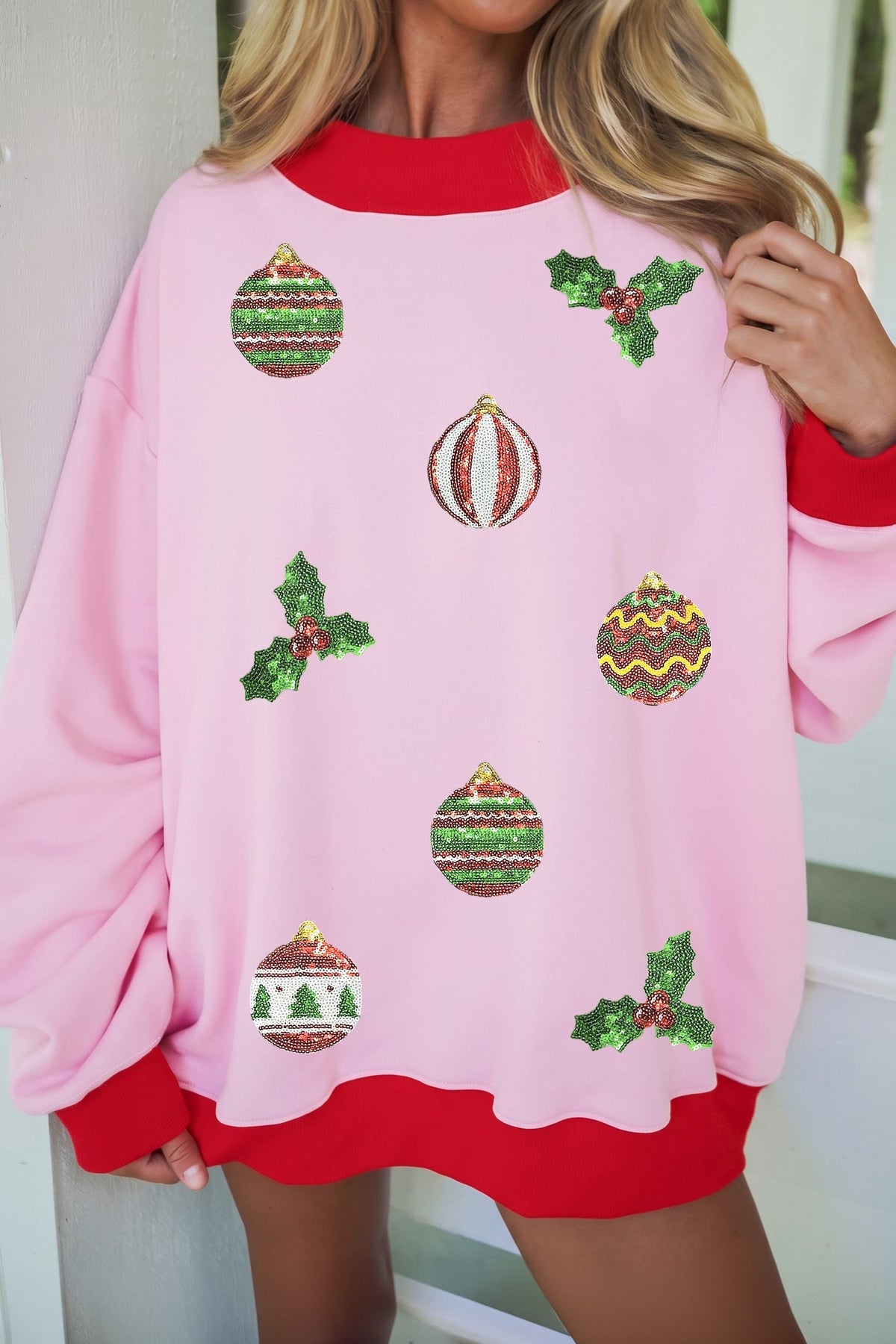 Pink Sequin Christmas Print Mock Neck Loose Sweatshirt