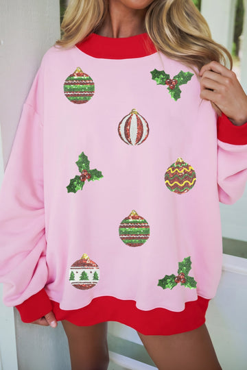 Pink Sequin Christmas Print Mock Neck Loose Sweatshirt