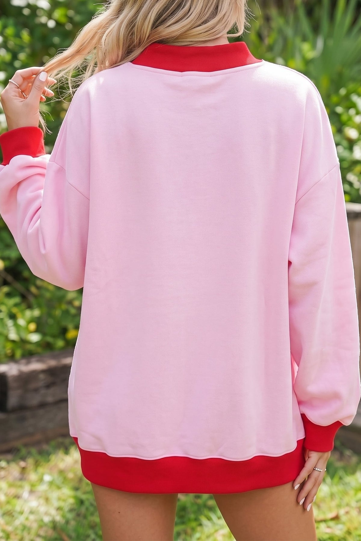 Pink Sequin Christmas Print Mock Neck Loose Sweatshirt