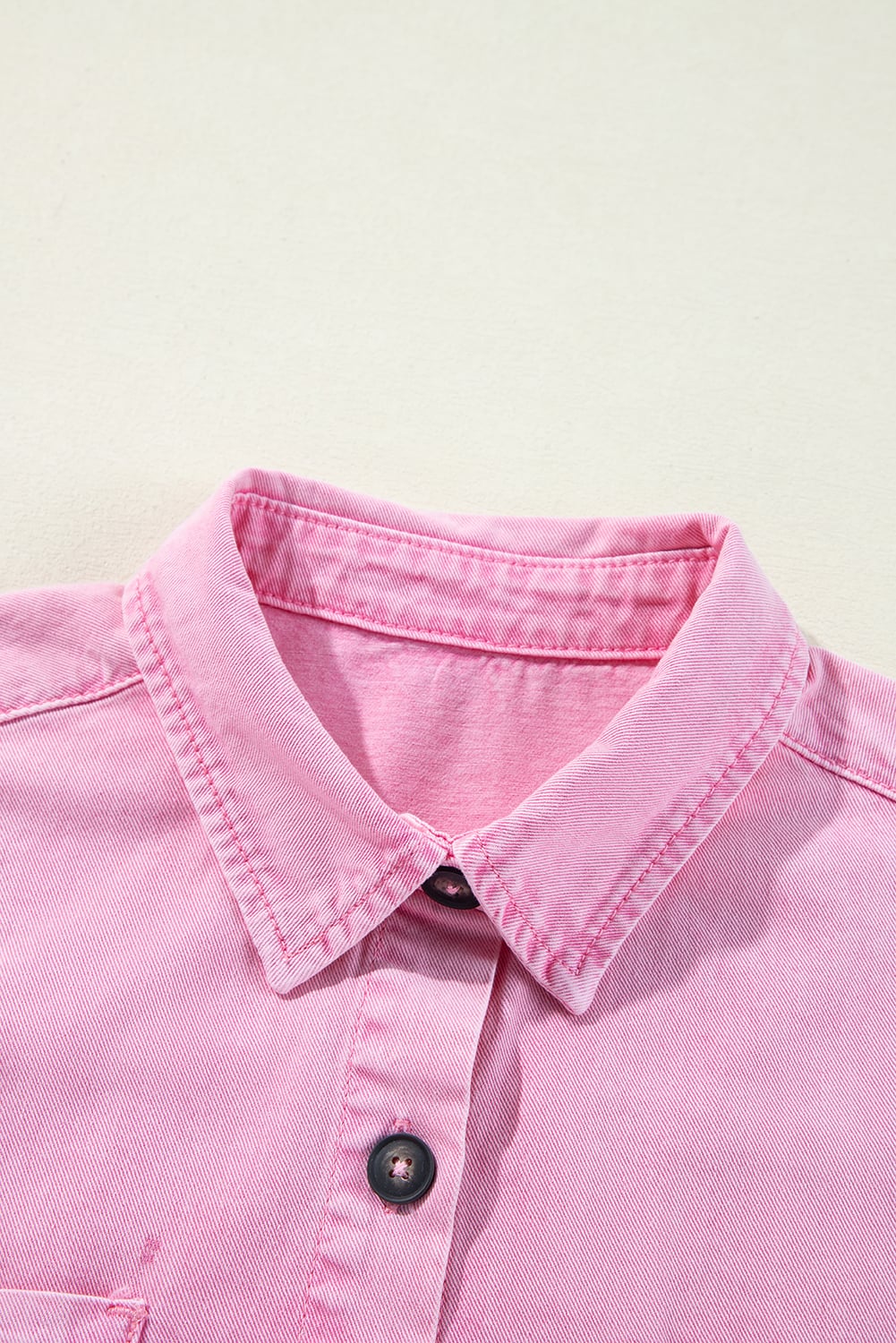Pink Short Sleeve Double Chest Pocket Denim Shirt Dress