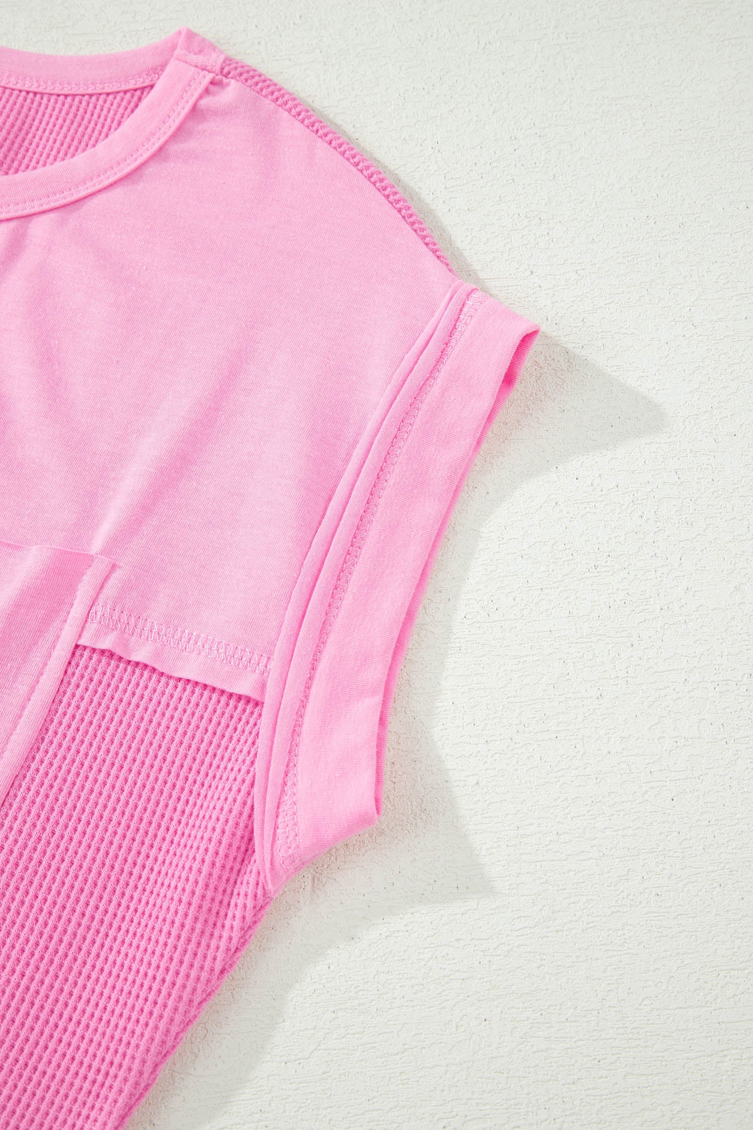 Pink Solid Color Raw Seam Waffled Patchwork Casual T Shirt