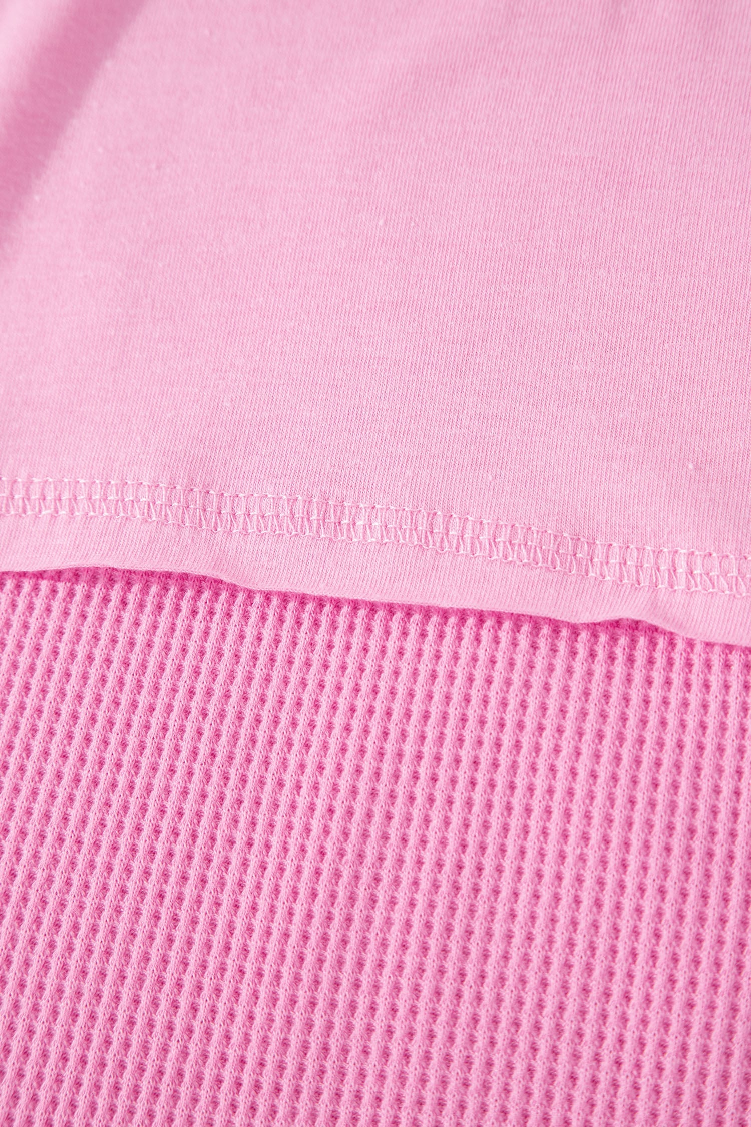 Pink Solid Color Raw Seam Waffled Patchwork Casual T Shirt