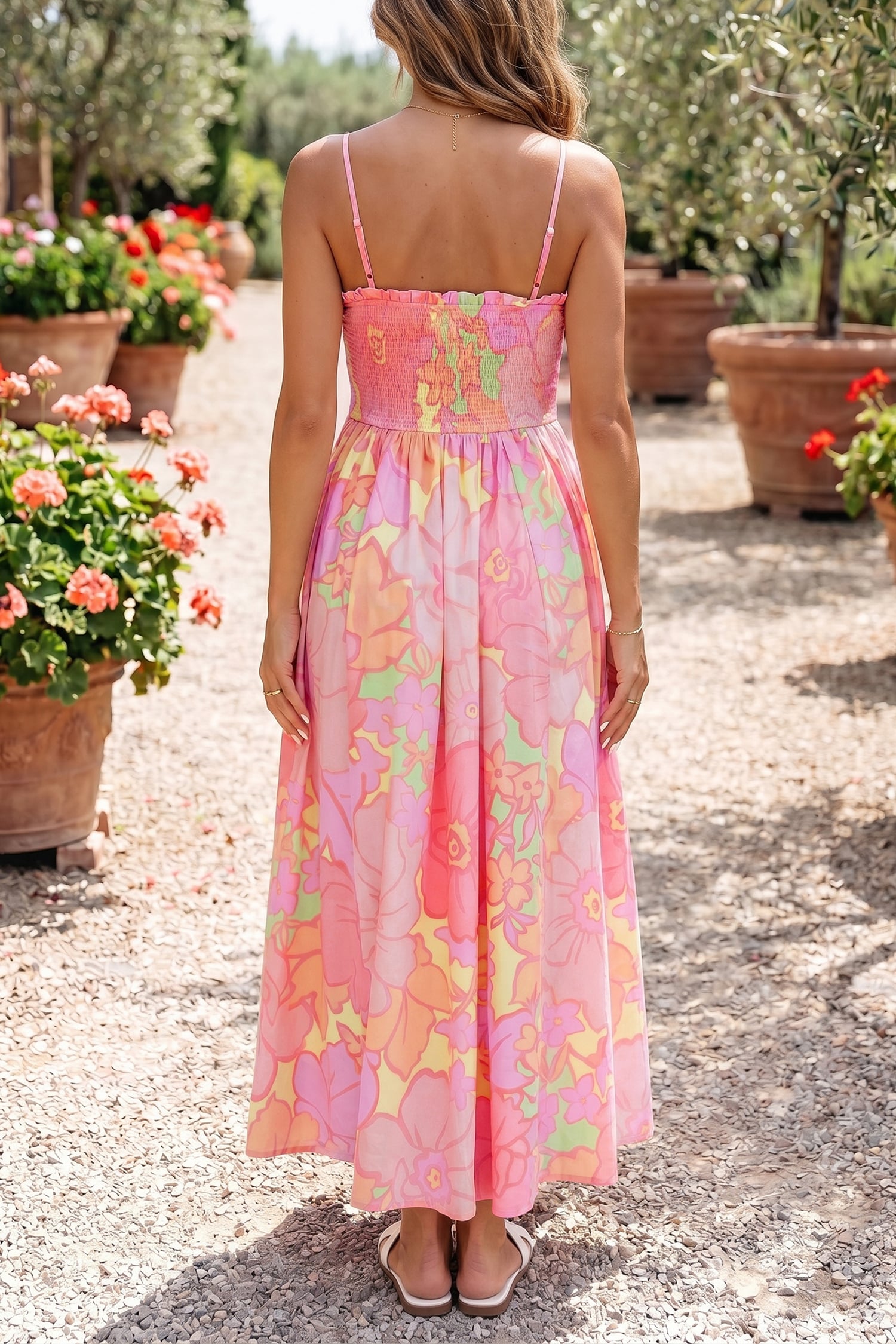 Pink Spaghetti Straps Floral Shirred High Waist Dress
