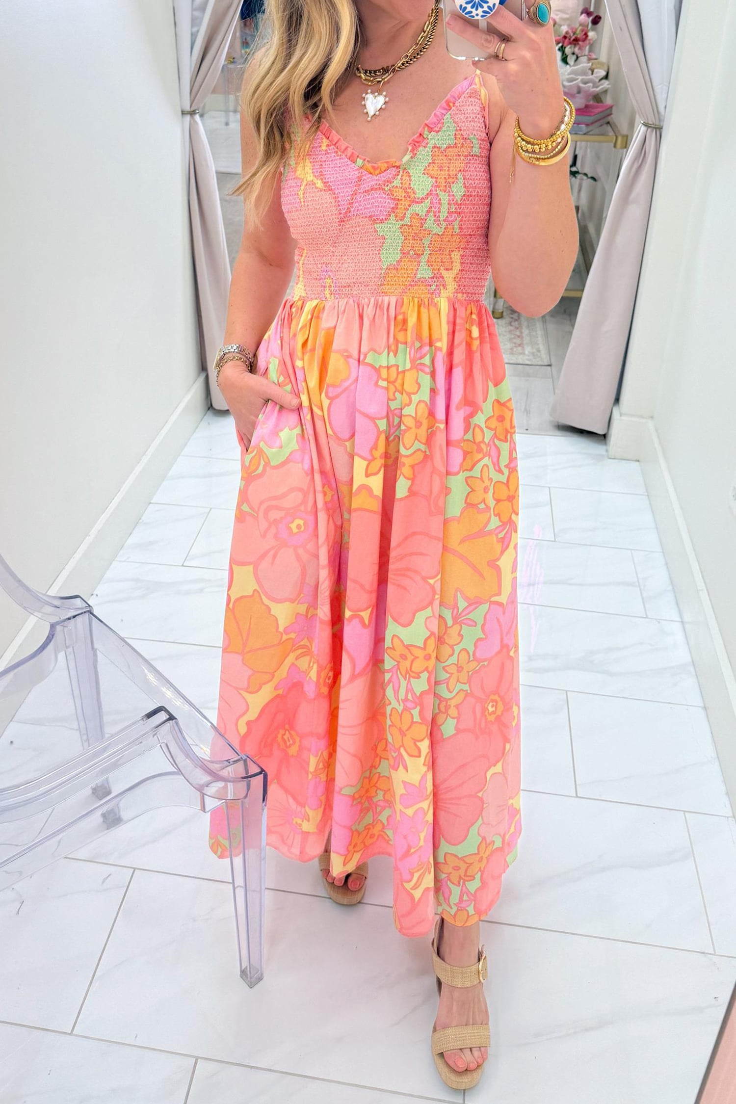 Pink Spaghetti Straps Floral Shirred High Waist Dress