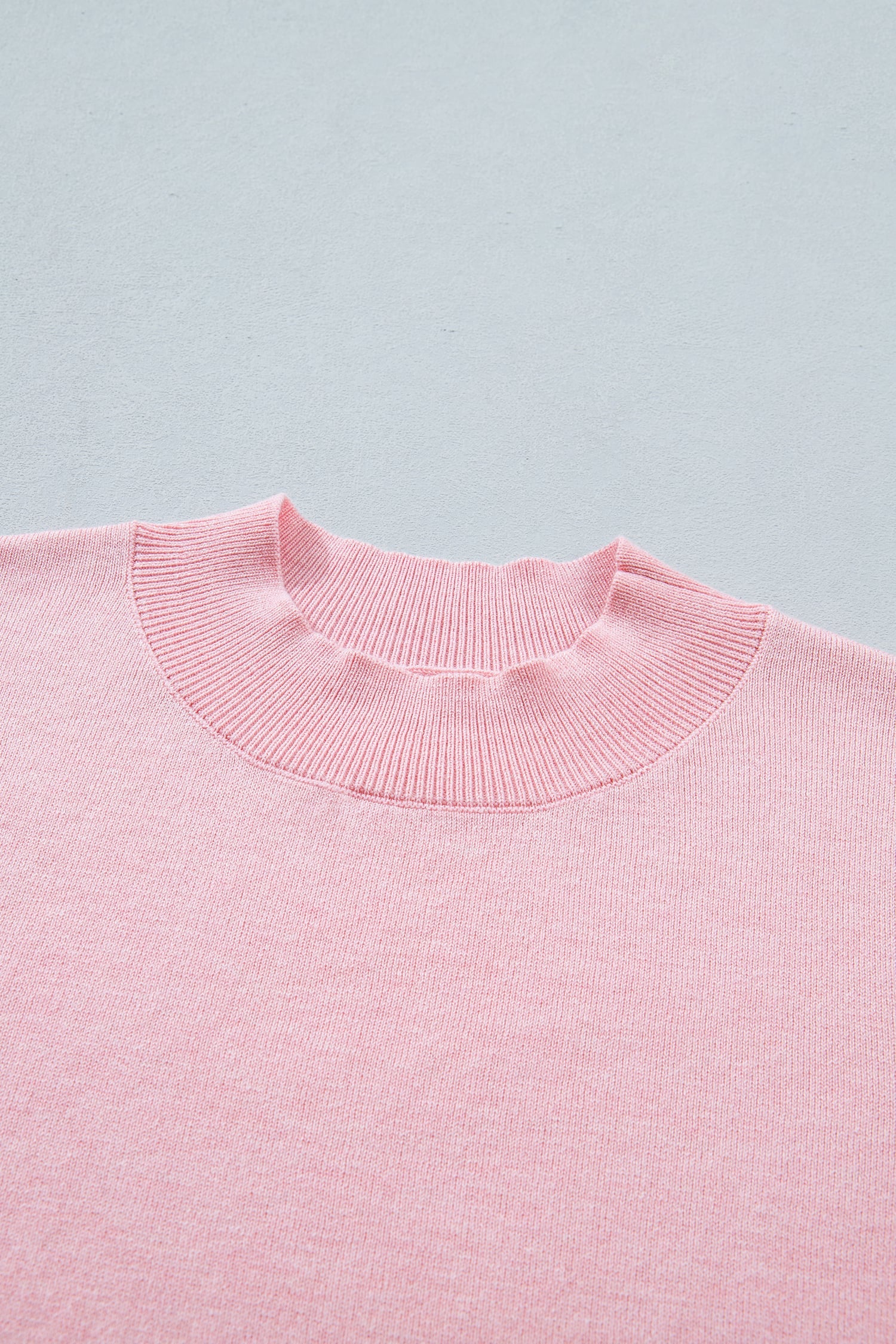 Pink Stand Neck Contrast Wavy Trim Short Sleeve Sweater