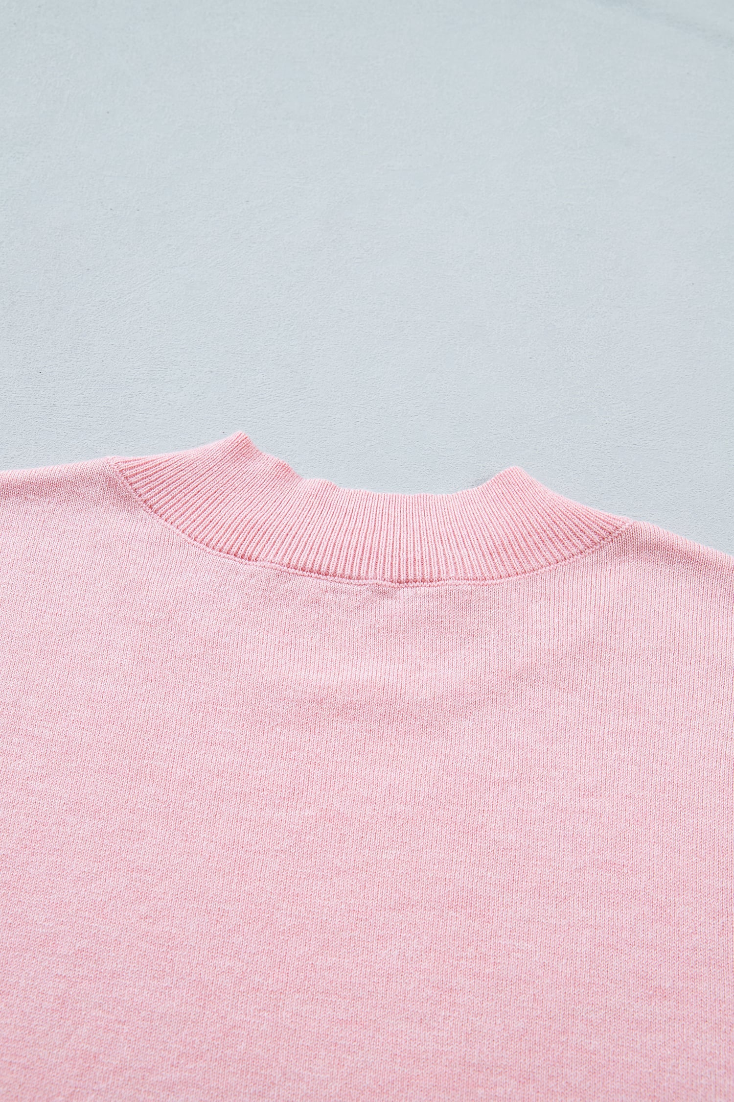Pink Stand Neck Contrast Wavy Trim Short Sleeve Sweater