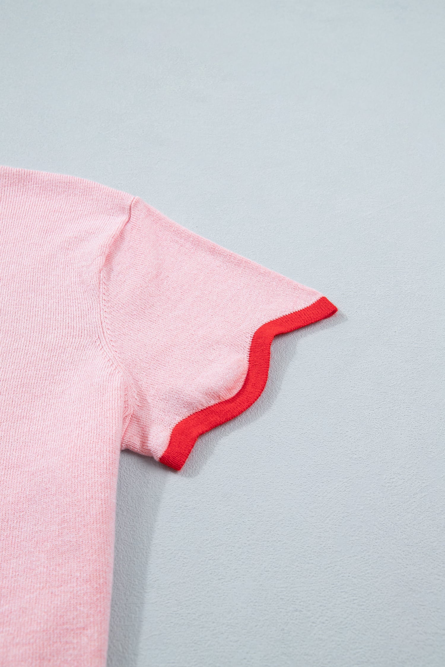 Pink Stand Neck Contrast Wavy Trim Short Sleeve Sweater
