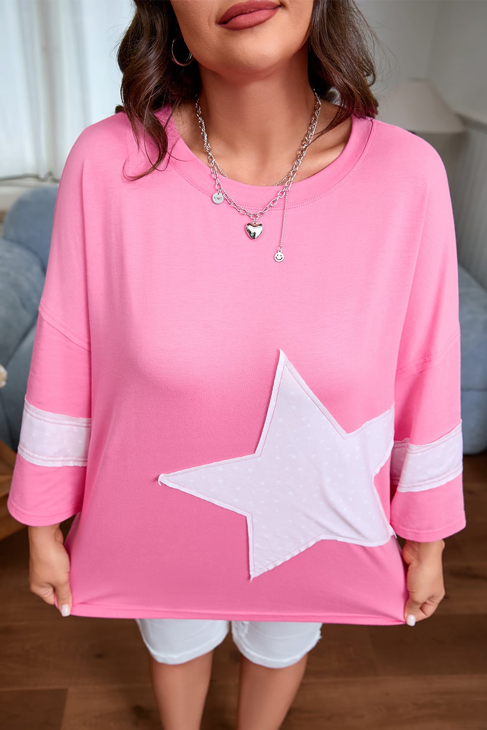 Pink Star Patched Colorblock Raw Edge Bracelet Sleeve Plus Size Loose Tee