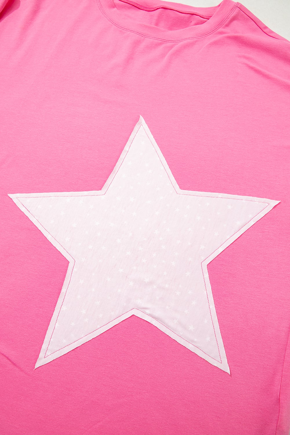 Pink Star Patched Colorblock Raw Edge Bracelet Sleeve Plus Size Loose Tee