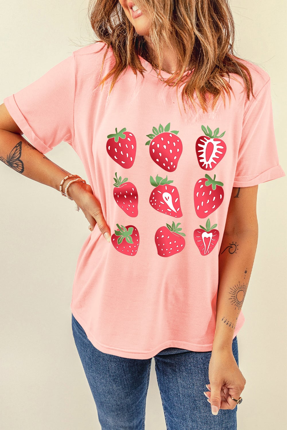 Pink Strawberry Fruit Pattern Graphic Tee