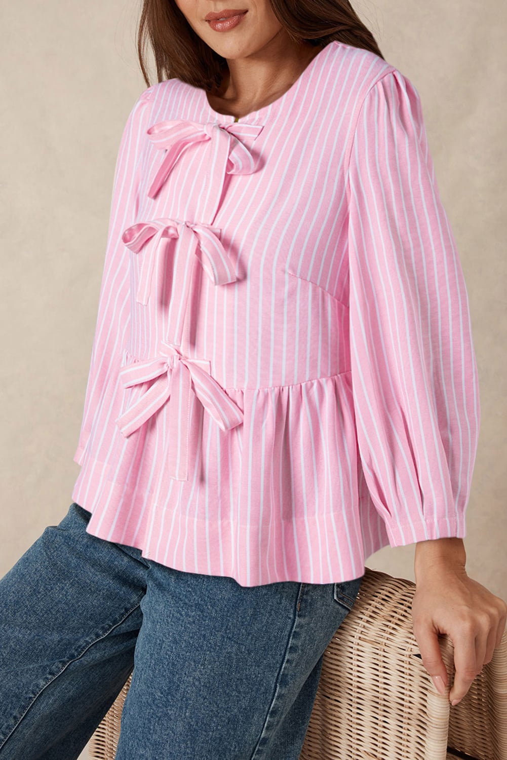 Pink Stripe Bowknot Front Crew Neck Puff Sleeve Blouse