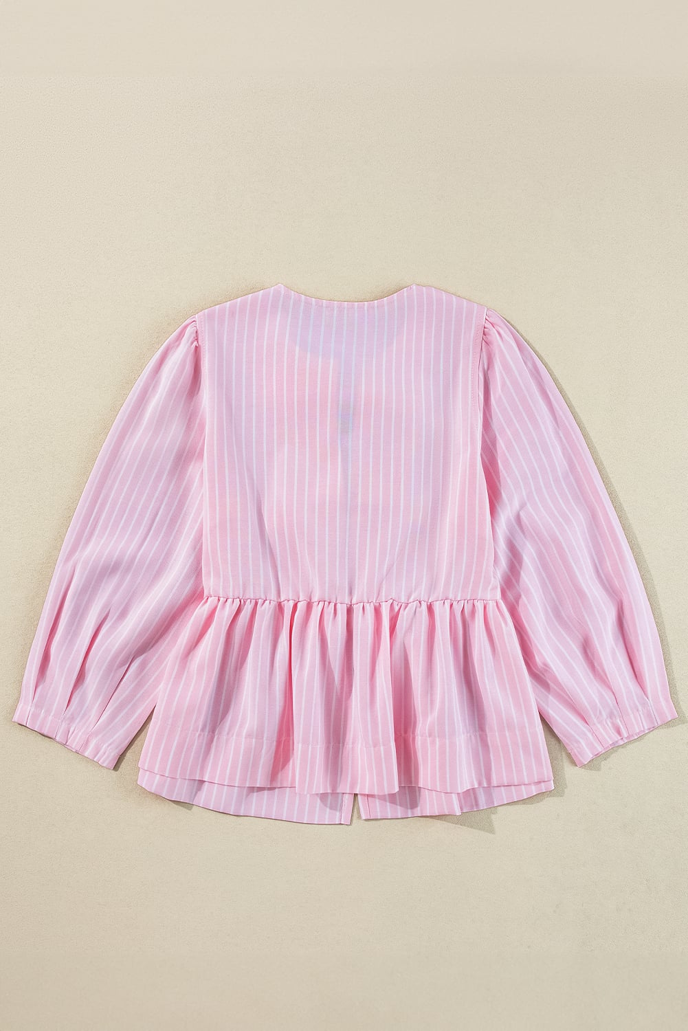 Pink Stripe Bowknot Front Crew Neck Puff Sleeve Blouse