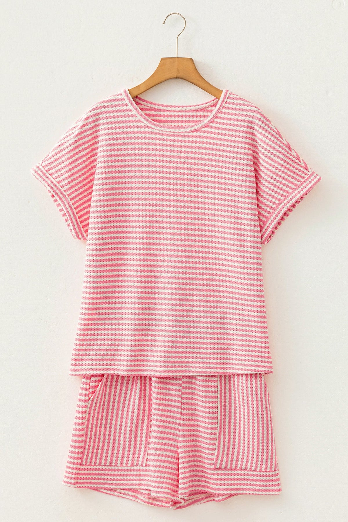 Pink Stripe Breathable Textured Knit Short 2pcs Set