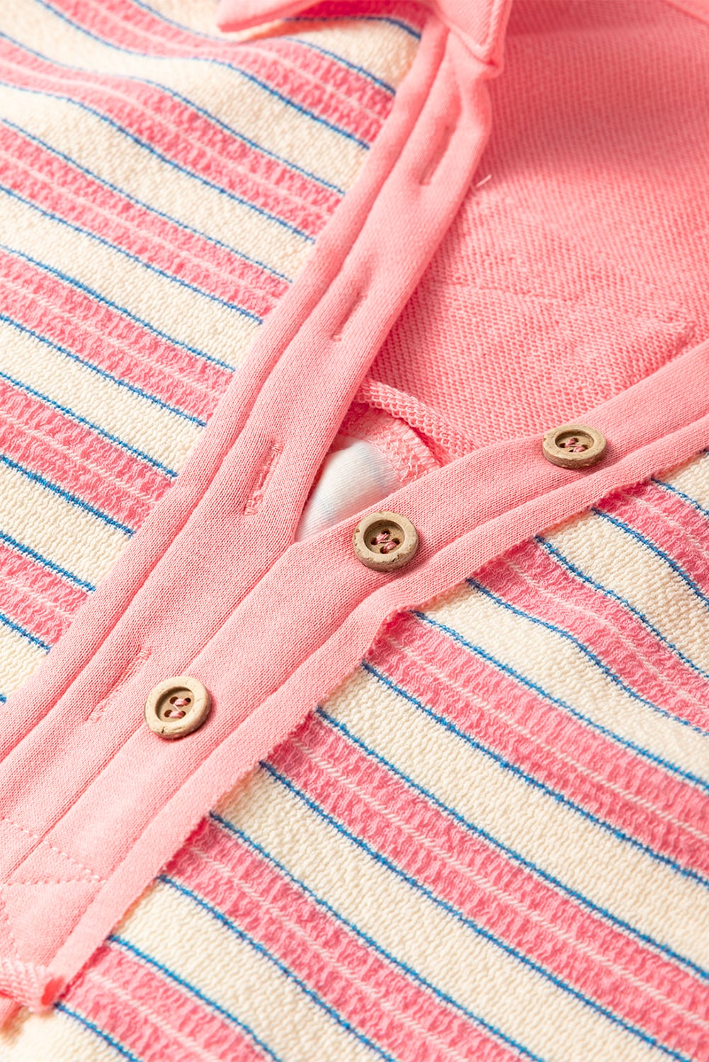 Pink Stripe Buttoned V Neck Collared Drop Shoulder Top