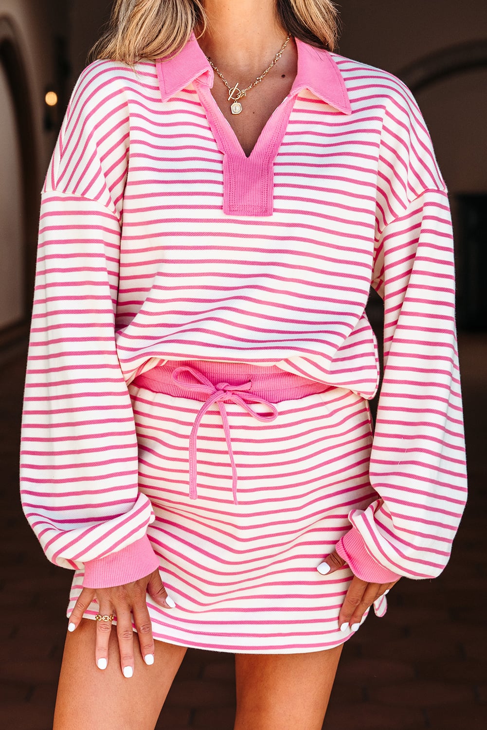 Pink Stripe Collared V Neck Drop Shoulder Pullover and Skort 2pcs Outfit