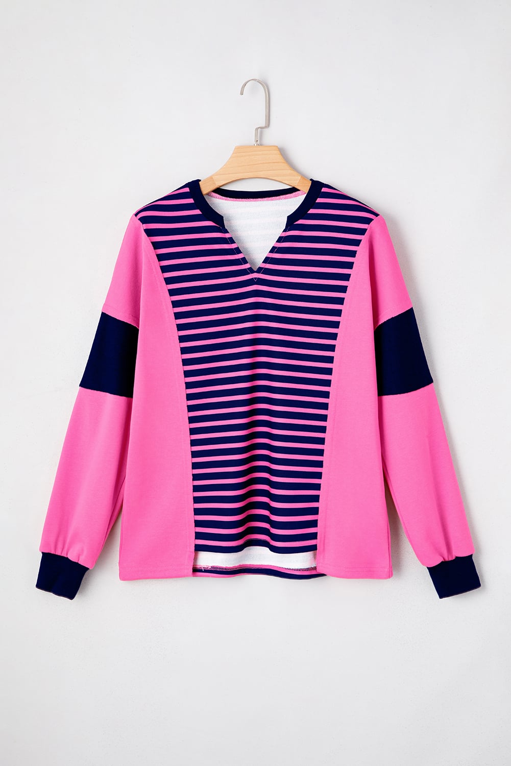 Pink Stripe Color Block V Neck Loose Fit Long Sleeve Top
