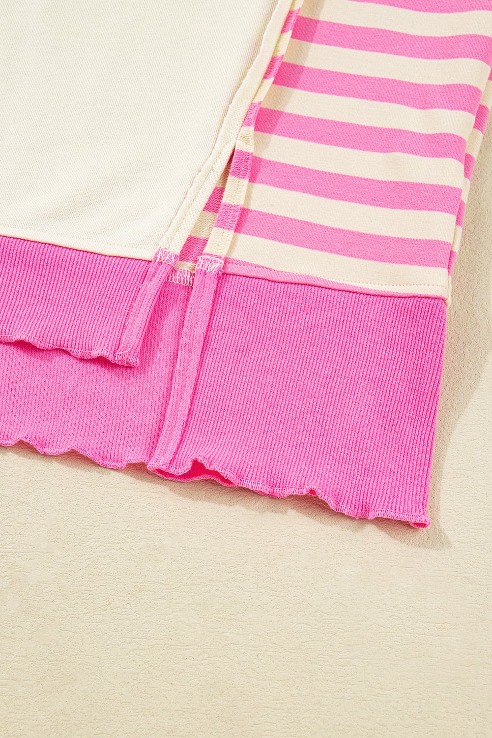 Pink Stripe Contrast Polo Collar Drop Shoulder Patchwork Plus Size Pullover