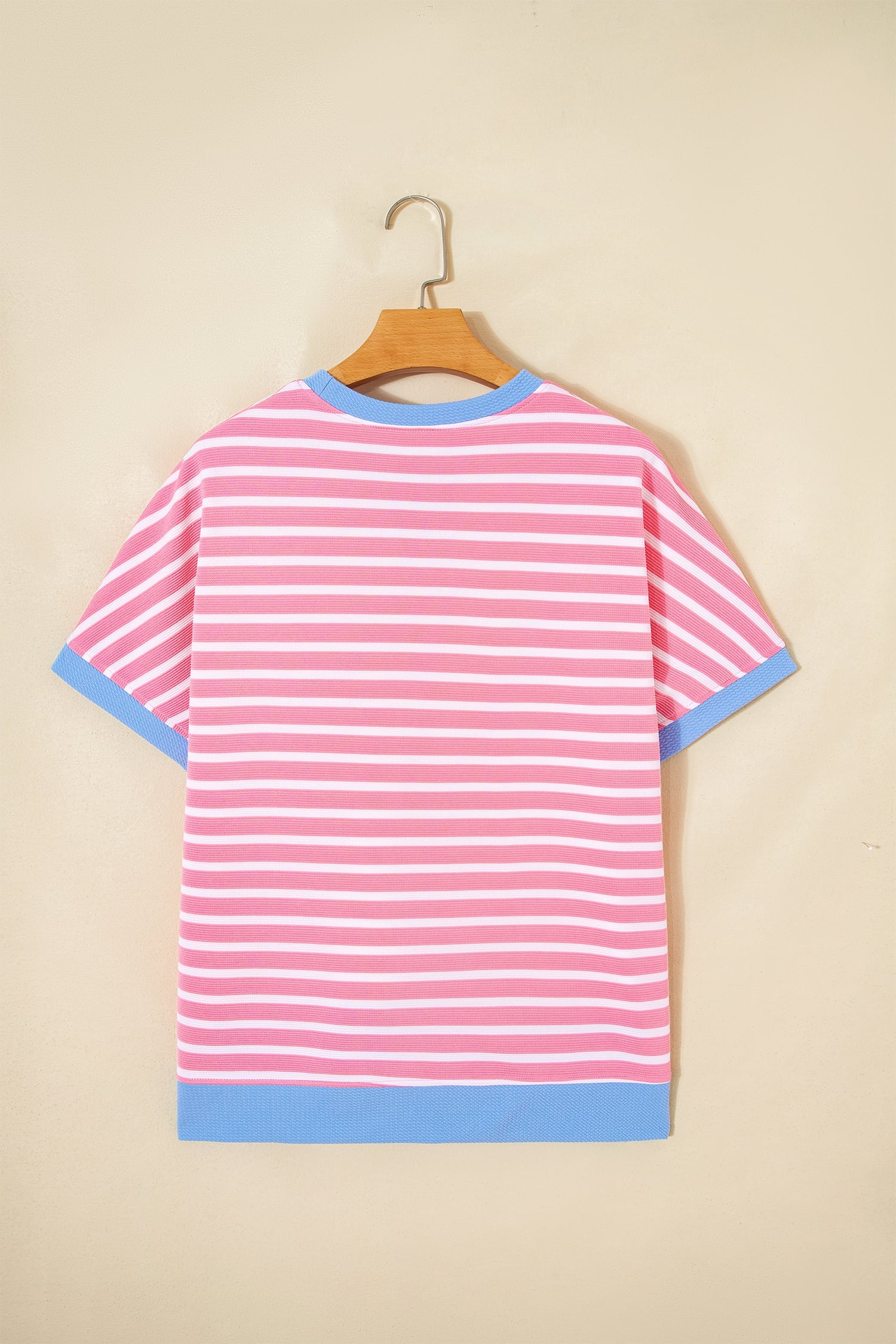 Pink Stripe Contrast Trim Loose Short Sleeve Top