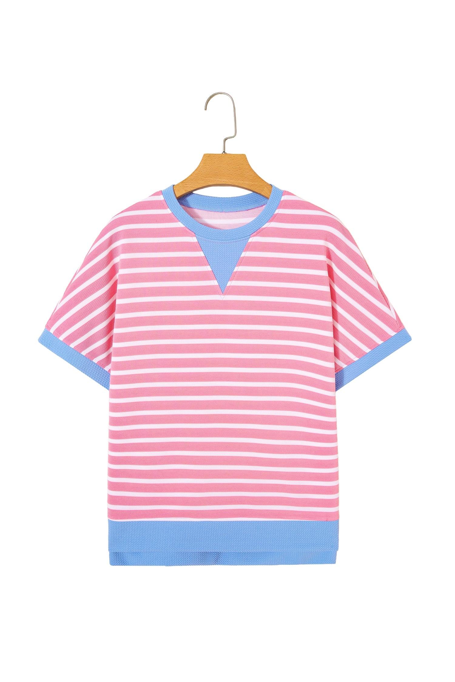 Pink Stripe Contrast Trim Loose Short Sleeve Top