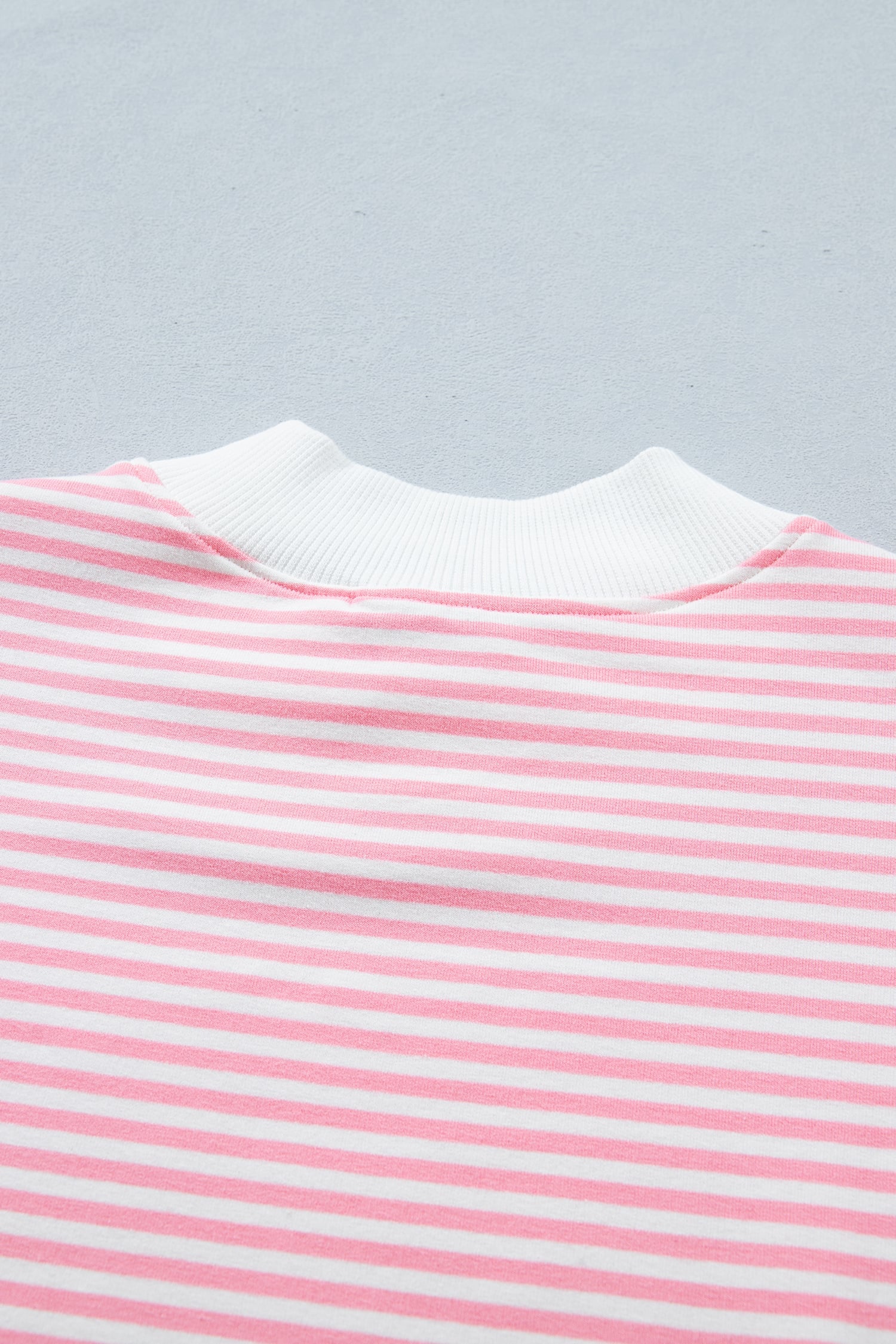 Pink Stripe Cuffed Sleeve Contrast Mock Neck Tee Casual 2pcs Short Set