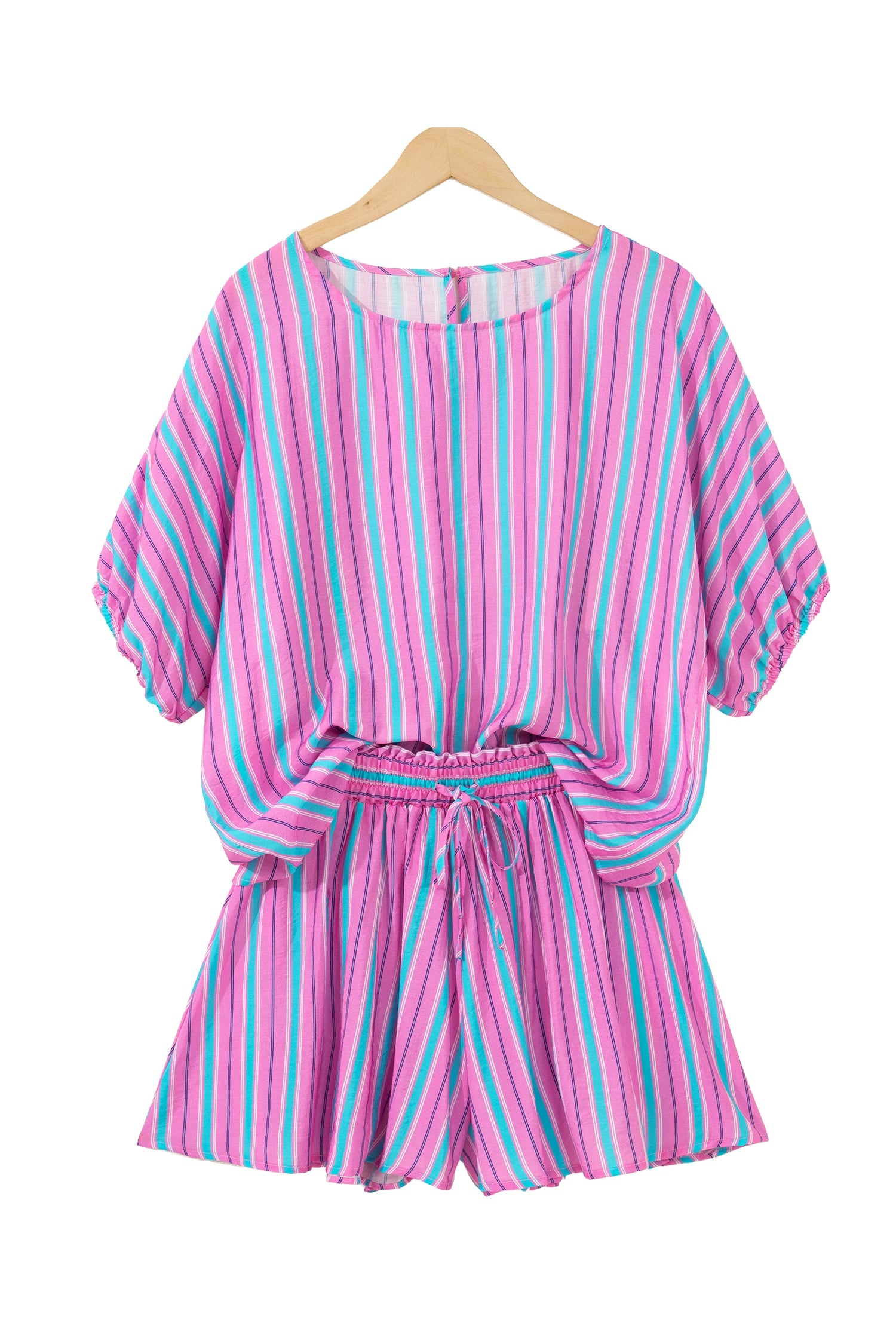 Pink Stripe Dolman Short Sleeve Blouse Drawstring Elastic Waist Loose Short Set