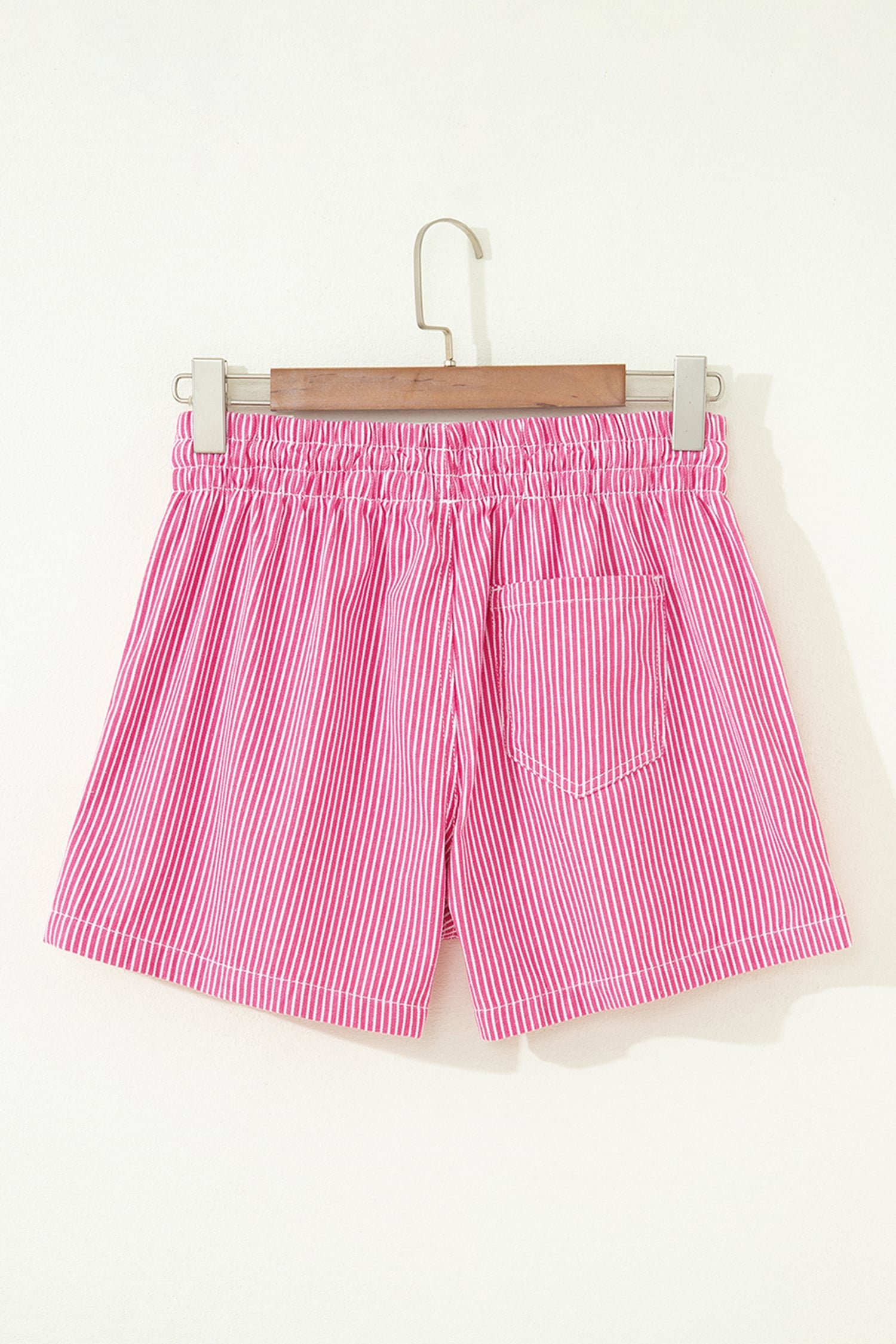 Pink Stripe Drawstring Elastic Waist Casual Denim Shorts