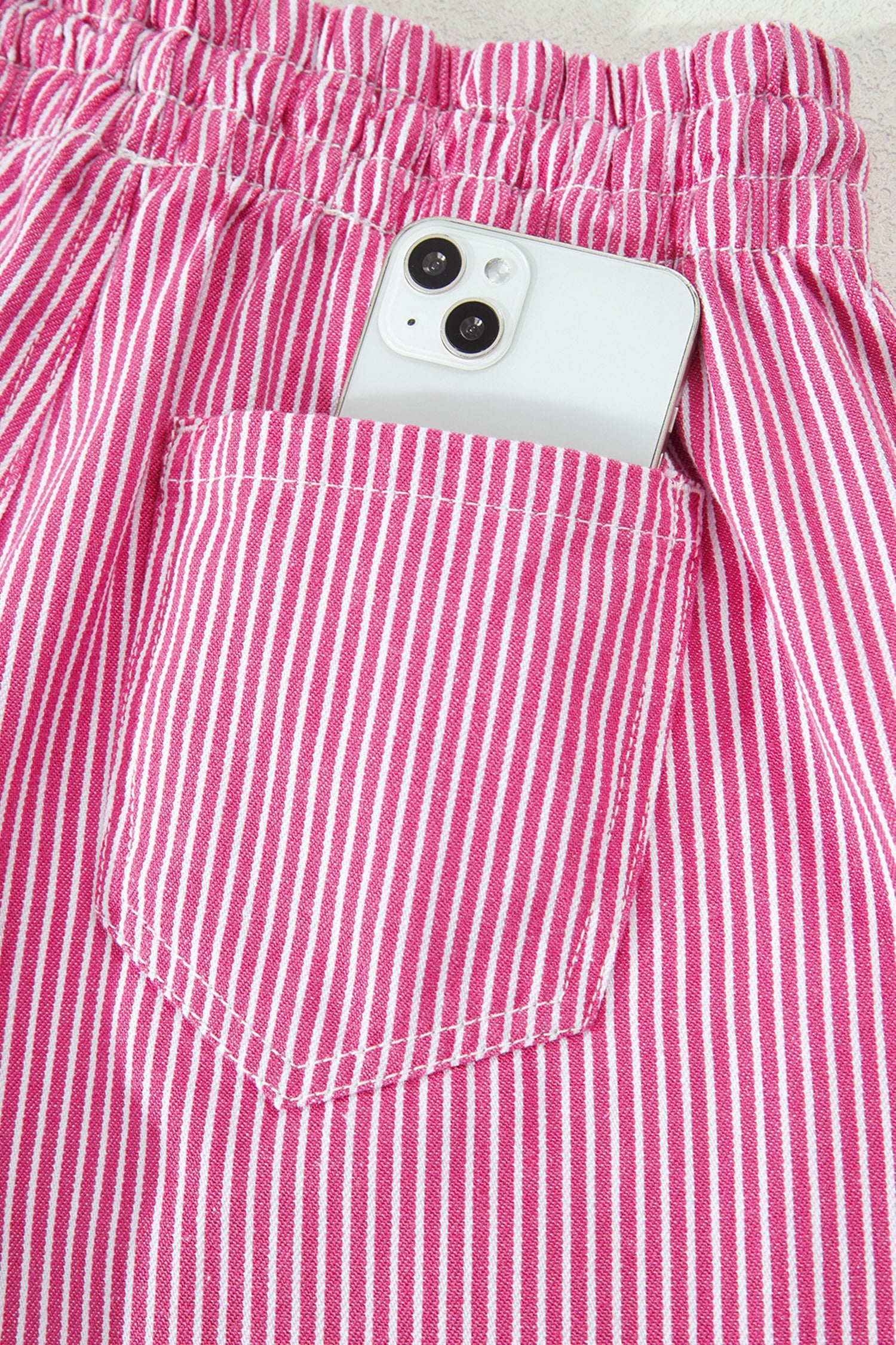 Pink Stripe Drawstring Elastic Waist Casual Denim Shorts