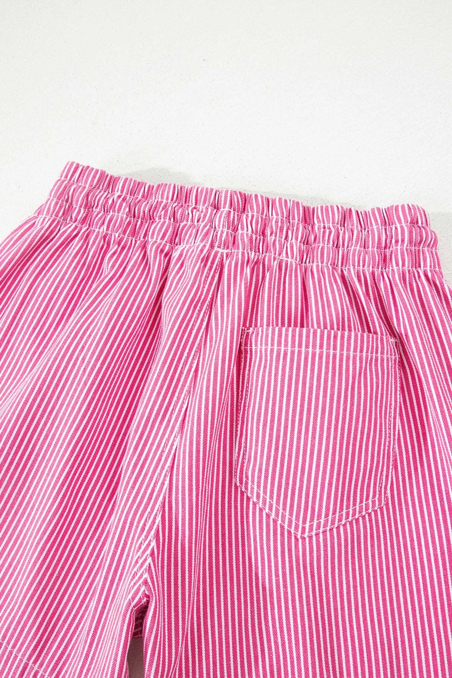 Pink Stripe Drawstring Elastic Waist Casual Denim Shorts