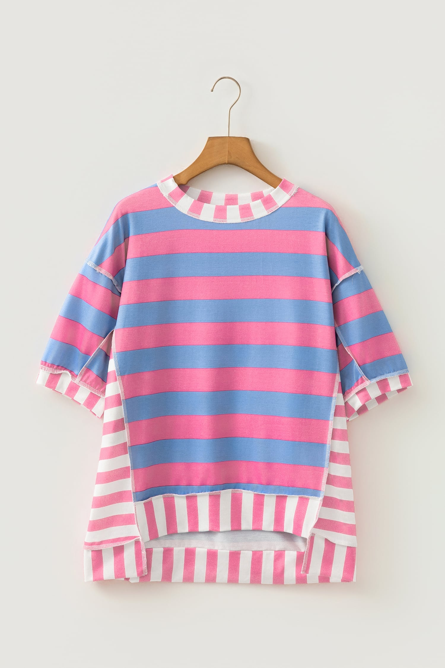 Pink Stripe Exposed Seam Contrast Patchwork Oversized Top