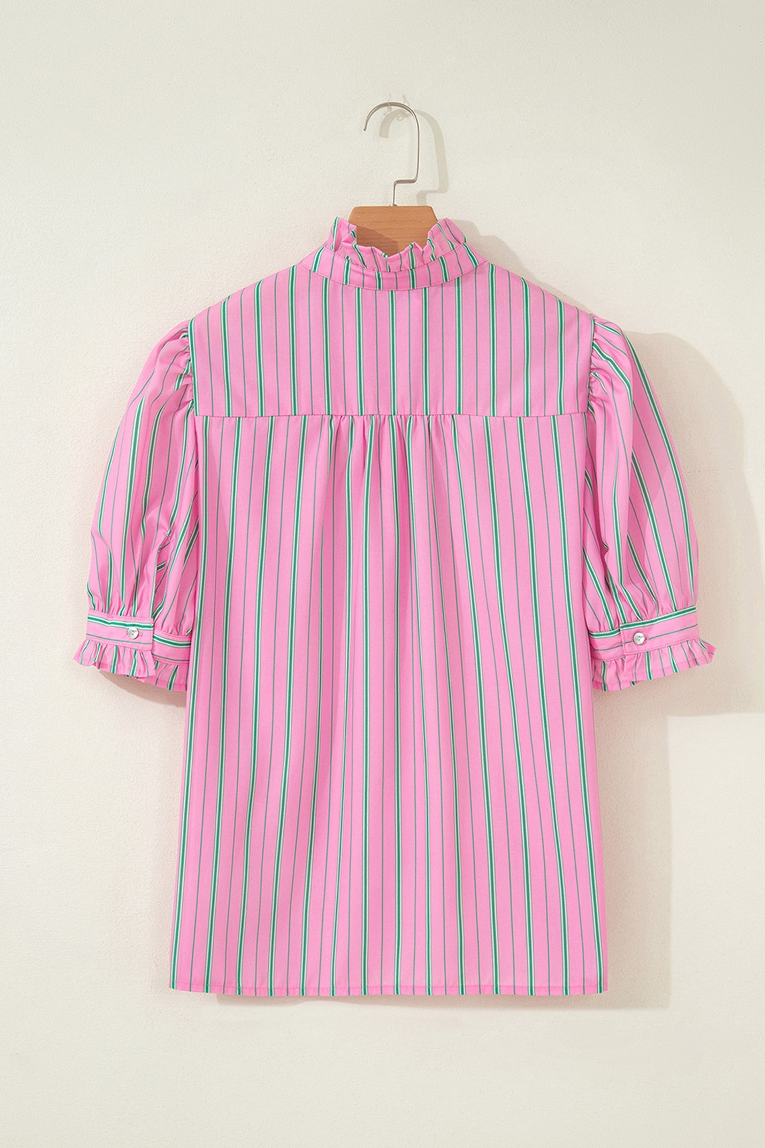 Pink Stripe Ruffle Trim Half Button Short Puff Sleeve Blouse